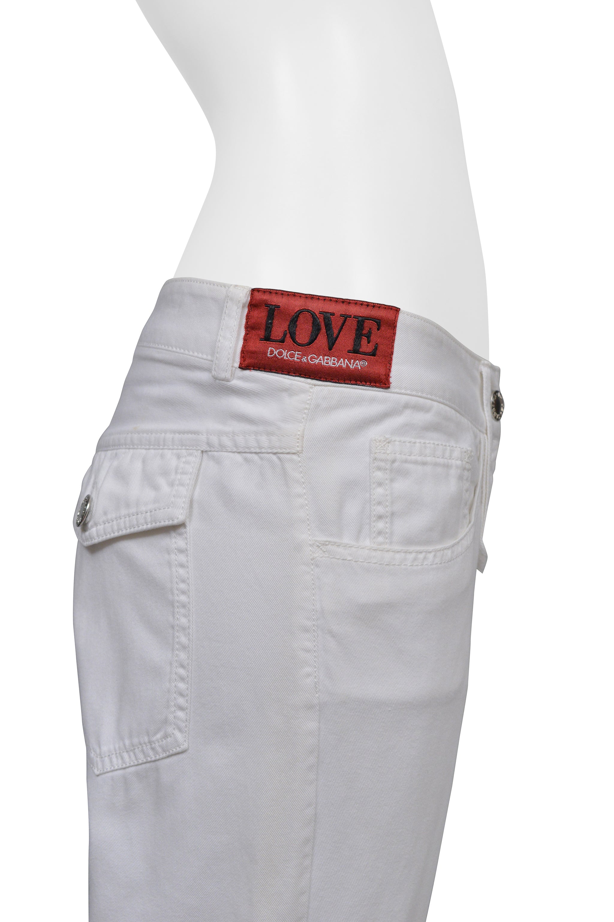 DOLCE & GABBANA WHITE PANTS GIANT BELT LOOPS AND LOVE PATCH