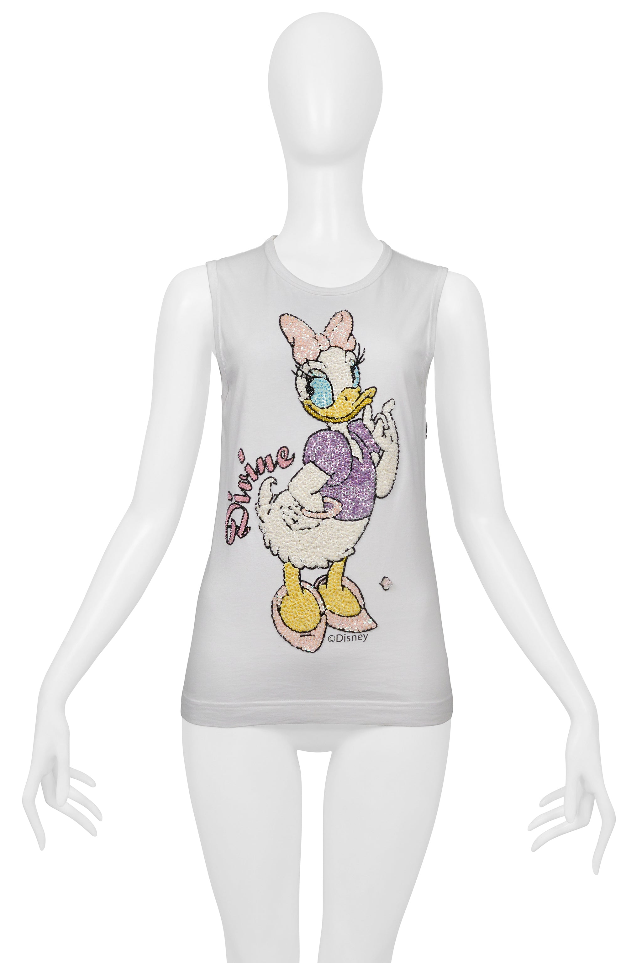 DOLCE & GABBANA WHITE "DIVINE" TANK TOP WITH SEQUIN DAISY DUCK