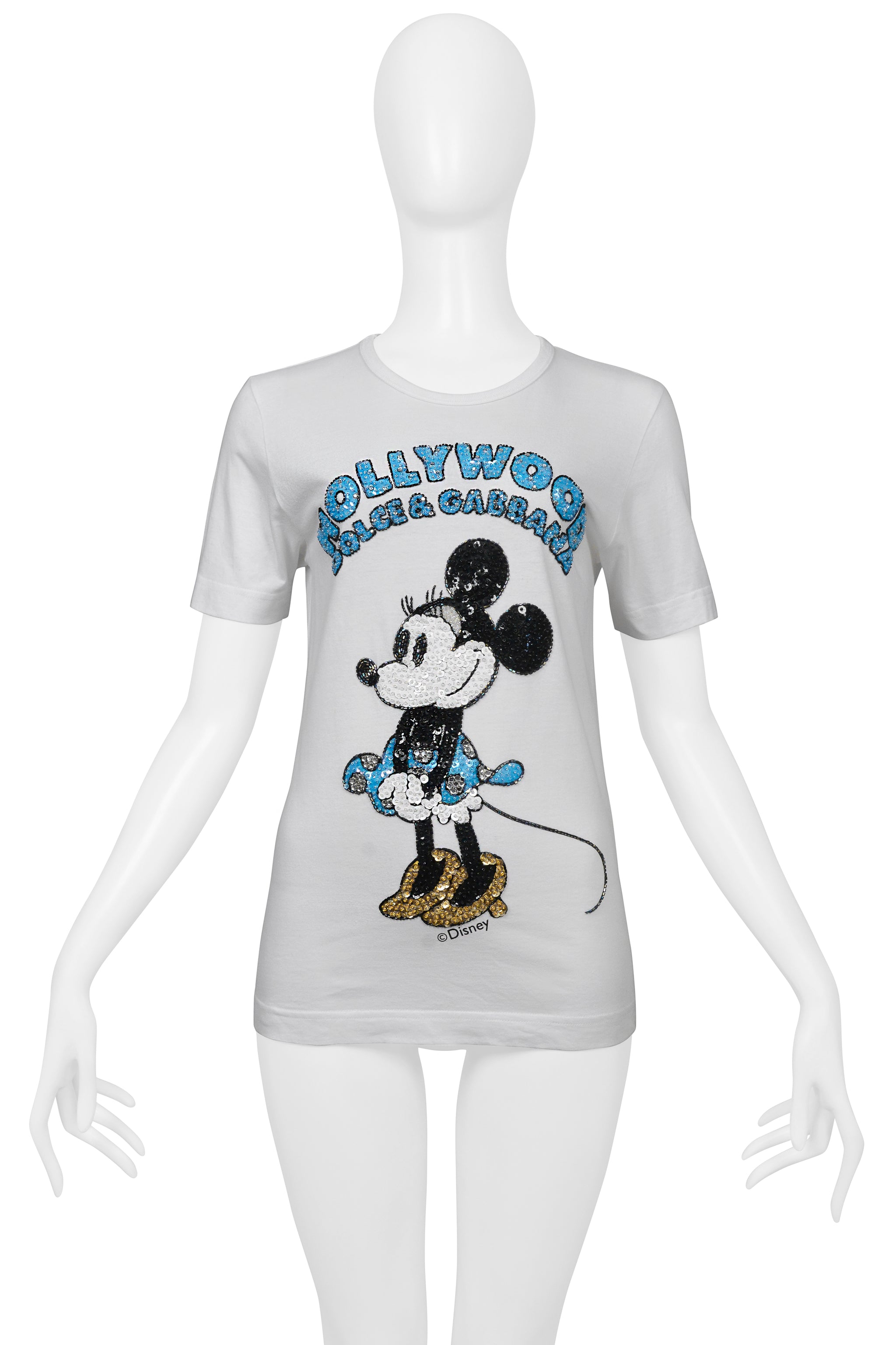 DOLCE & GABBANA WHITE "HOLLYWOOD" T-SHIRT WITH SEQUINED MINNIE MOUSE