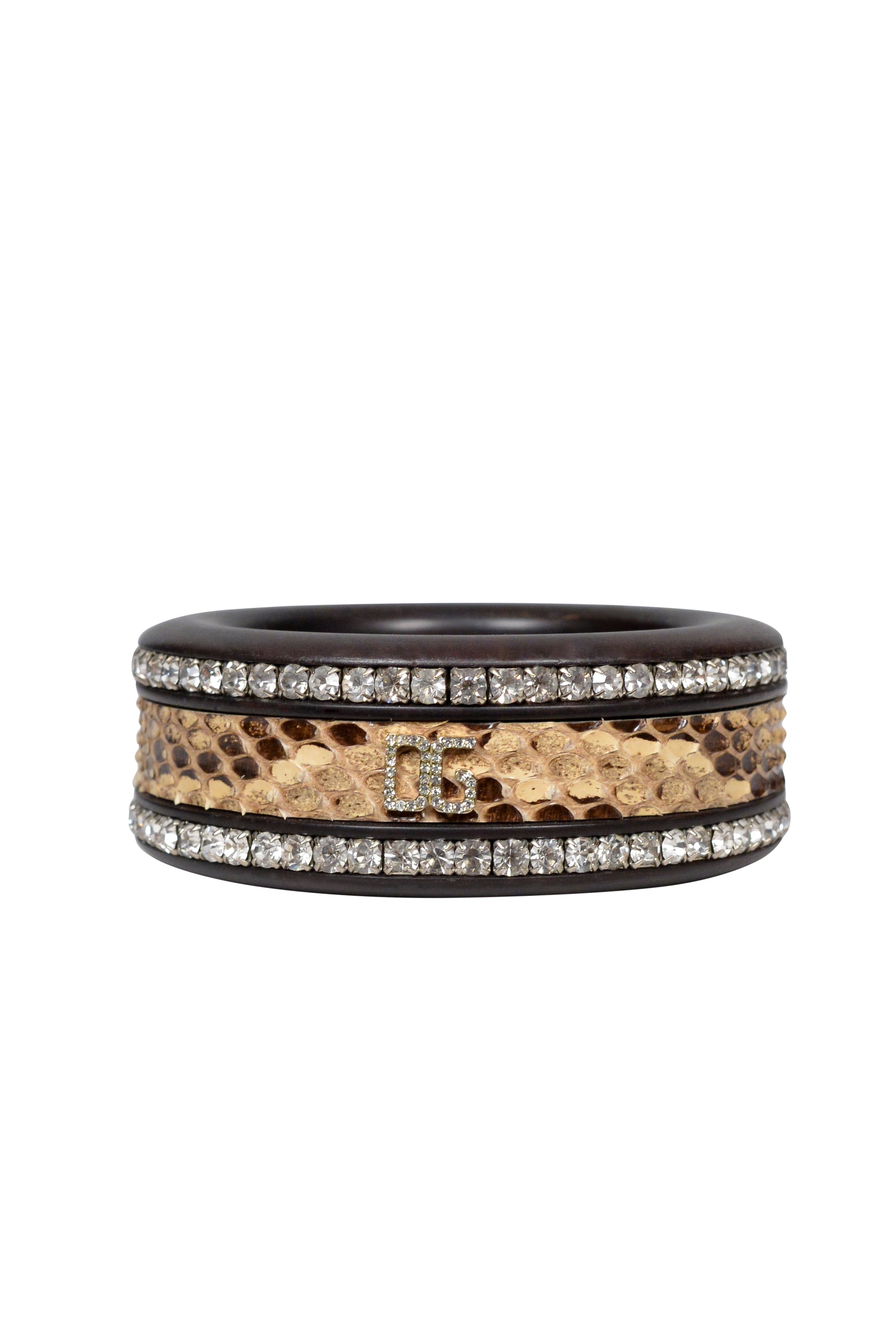 DOLCE & GABBANA WOOD BANGLE BRACELET WITH PYTHON & "D&G" LOGO & RHINESTONES