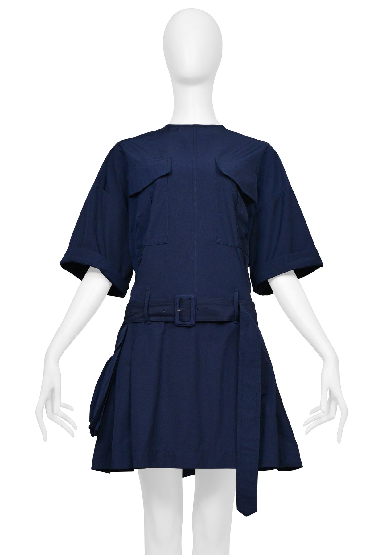 DRIES VAN NOTEN POPLIN NAVY DAY DRESS WITH BELT