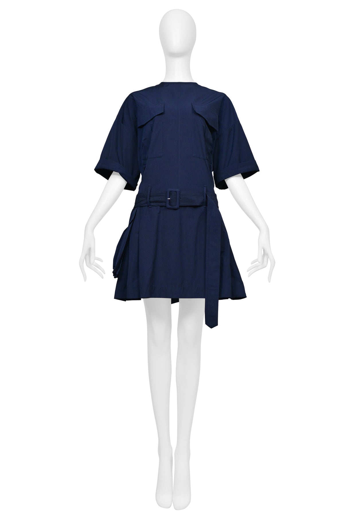 DRIES VAN NOTEN POPLIN NAVY DAY DRESS WITH BELT