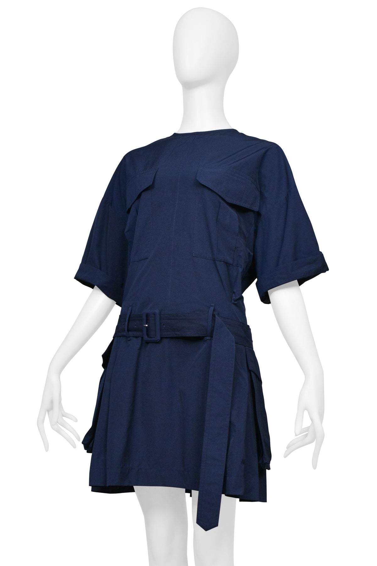 DRIES VAN NOTEN POPLIN NAVY DAY DRESS WITH BELT