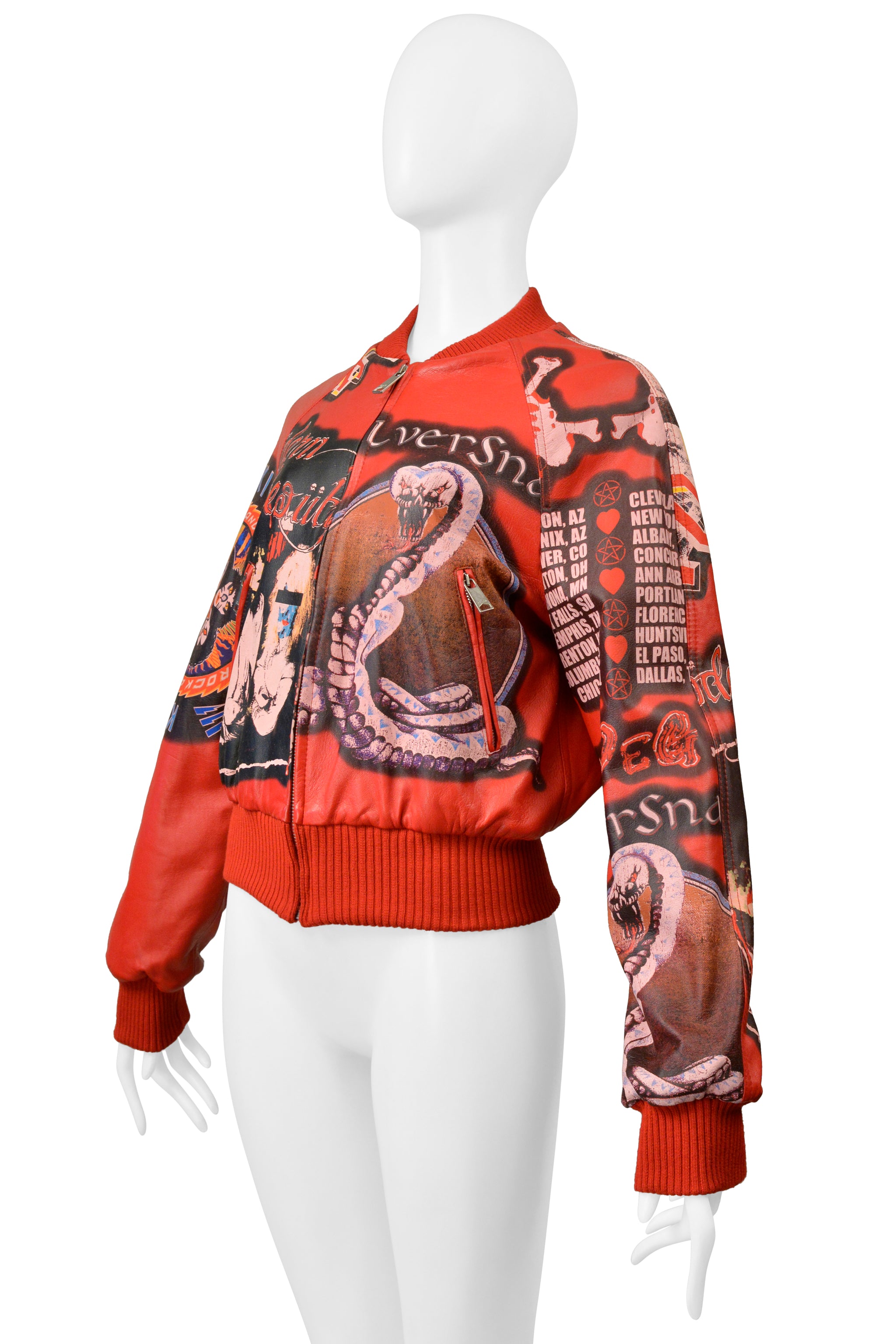 DOLCE & GABBANA D & G RED LEATHER BOMBER JACKET WITH FAUX BAND GRAPHICS 2001