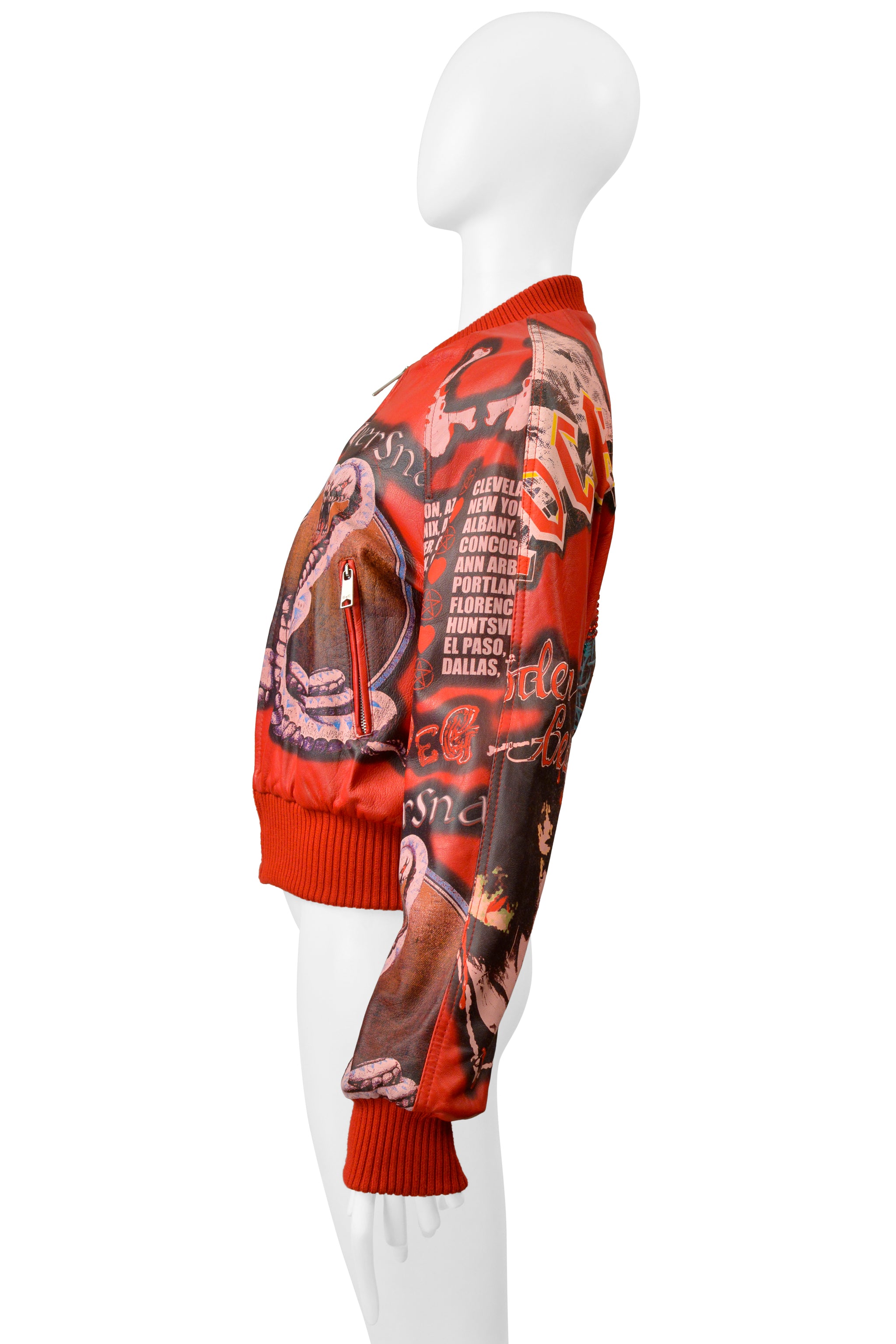 DOLCE & GABBANA D & G RED LEATHER BOMBER JACKET WITH FAUX BAND GRAPHICS 2001