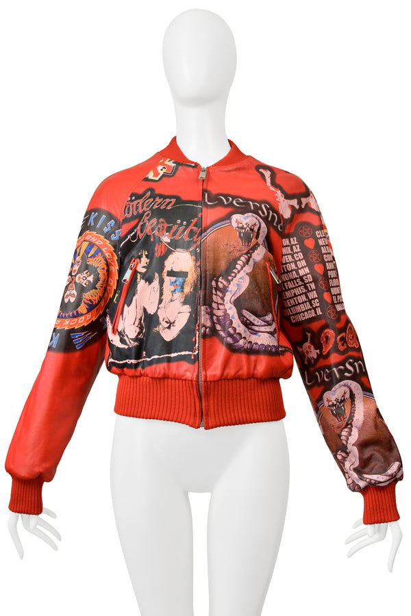 DOLCE & GABBANA D & G RED LEATHER BOMBER JACKET WITH FAUX BAND GRAPHICS 2001