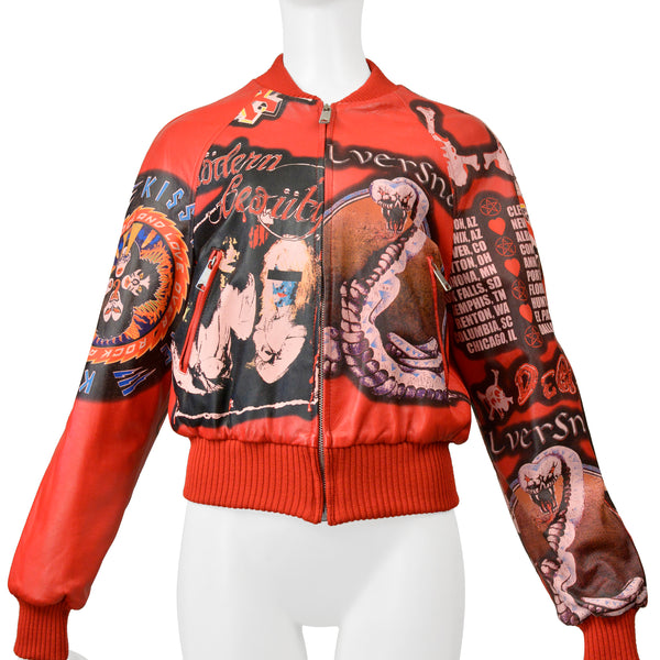 DOLCE & GABBANA D & G RED LEATHER BOMBER JACKET WITH FAUX BAND GRAPHIC