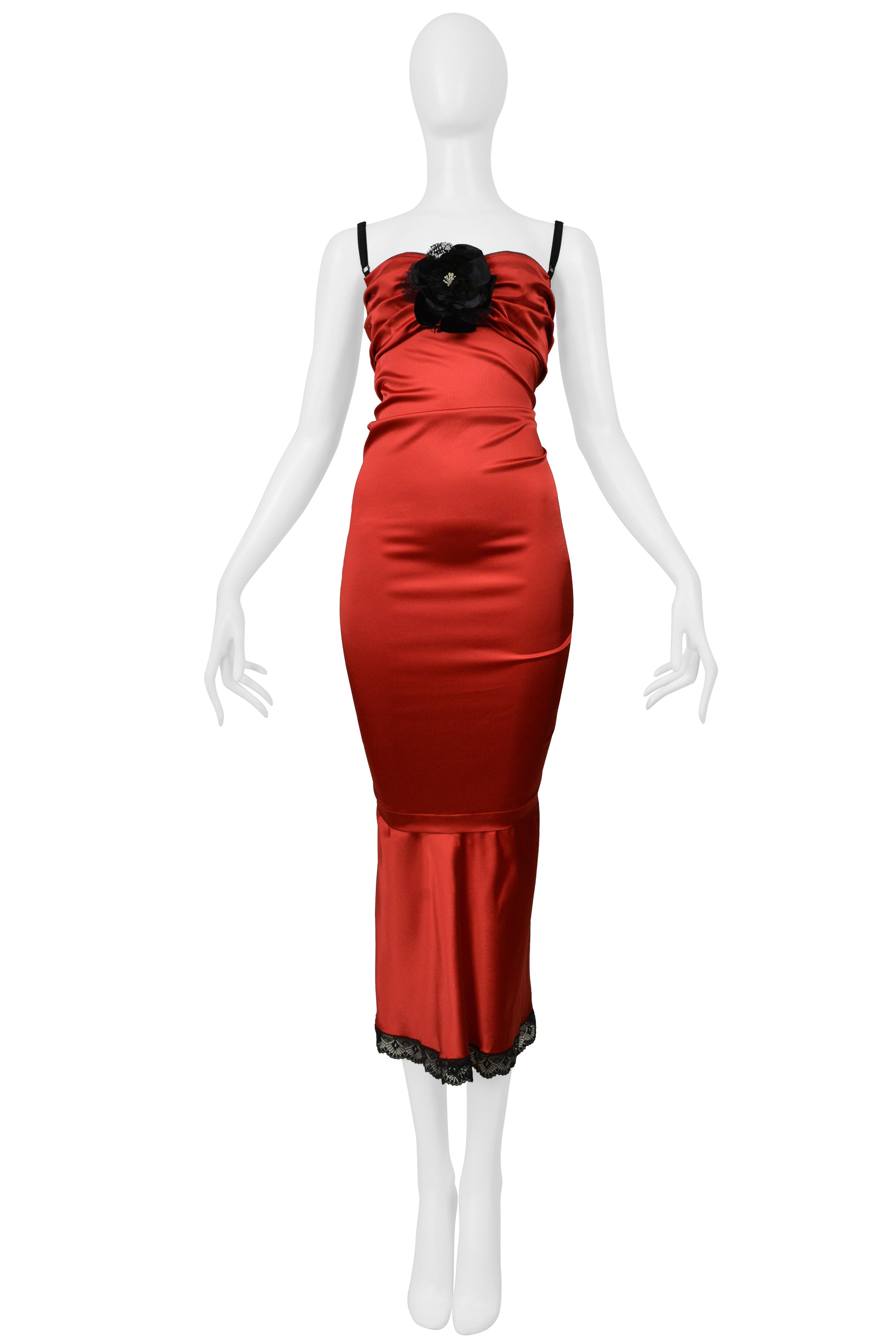 DOLCE & GABBANA D&G RED SATIN DRESS WITH BLACK LACE CAMELLIA FLOWER AND TRIM