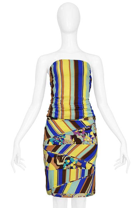 VERSACE FLORAL AND STRIPES STRAPLESS BUSTIER AND SKIRT ENSEMBLE