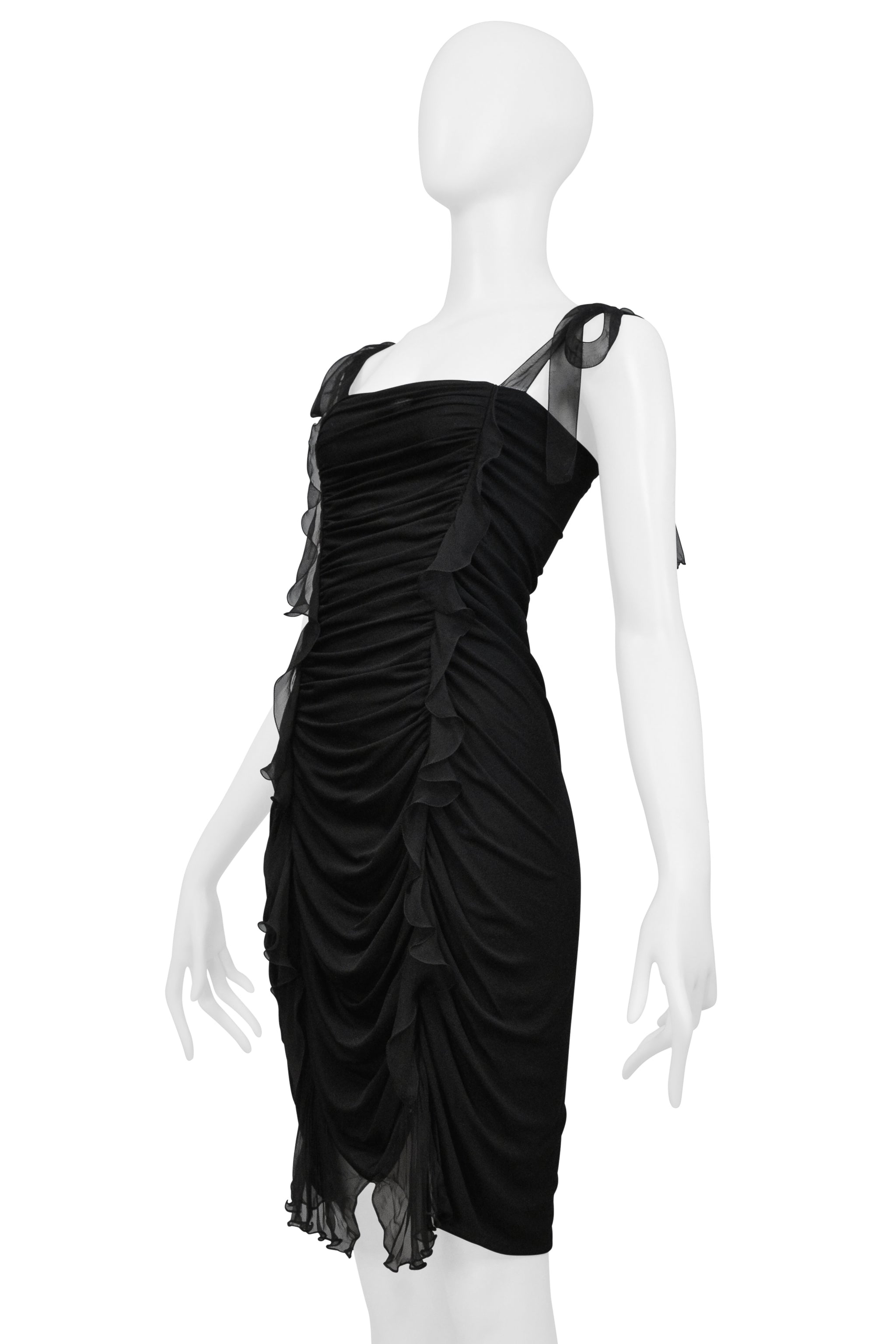 UNGARO BY GIAMBATTISTA VALLI BLACK SILK RUCHED DRESS 2003