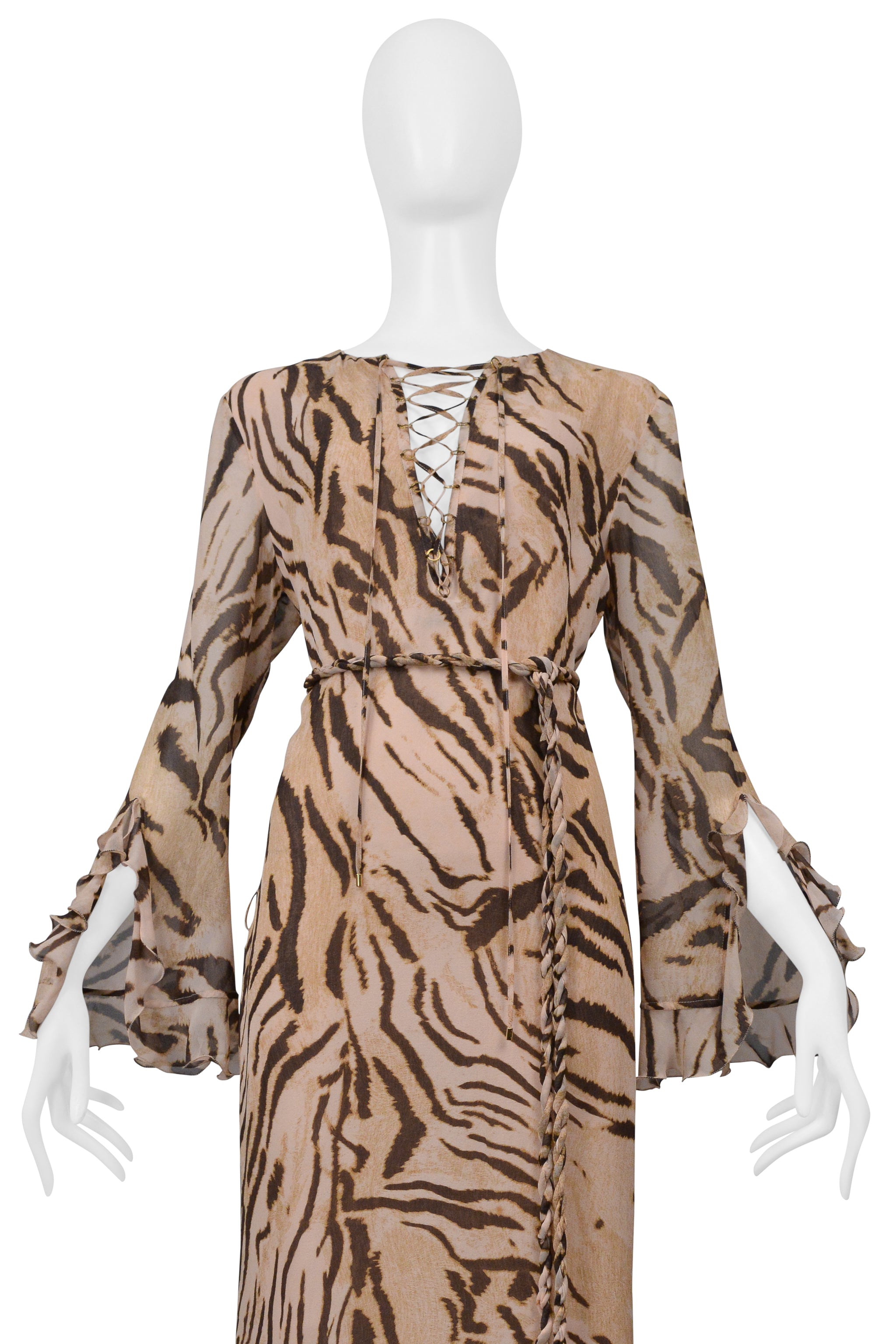UNGARO BY GIAMBATTISTA VALLI SILK ANIMAL PRINT CAFTAN DRESS WITH RUFFLES