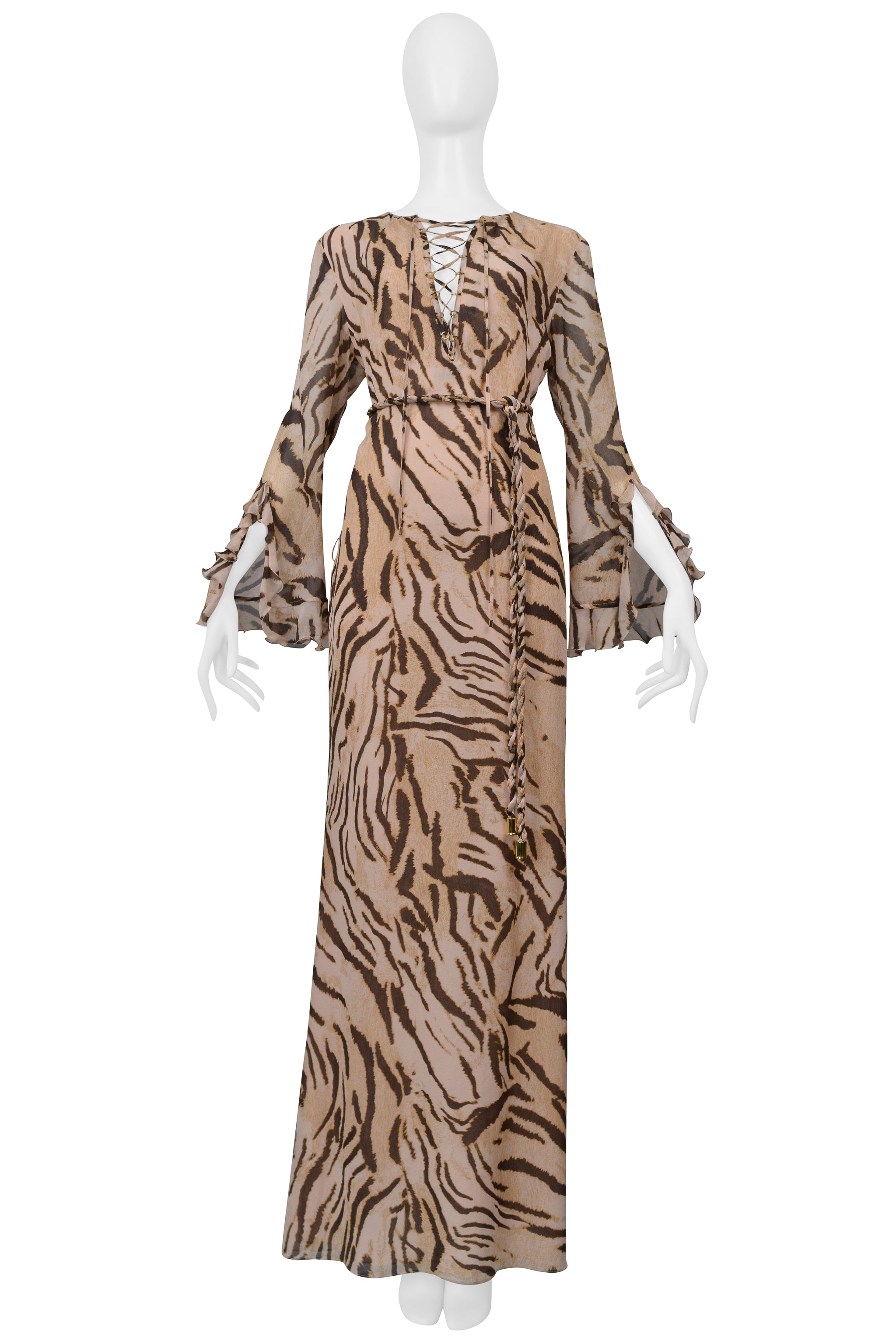UNGARO BY GIAMBATTISTA VALLI SILK ANIMAL PRINT CAFTAN DRESS WITH RUFFLES
