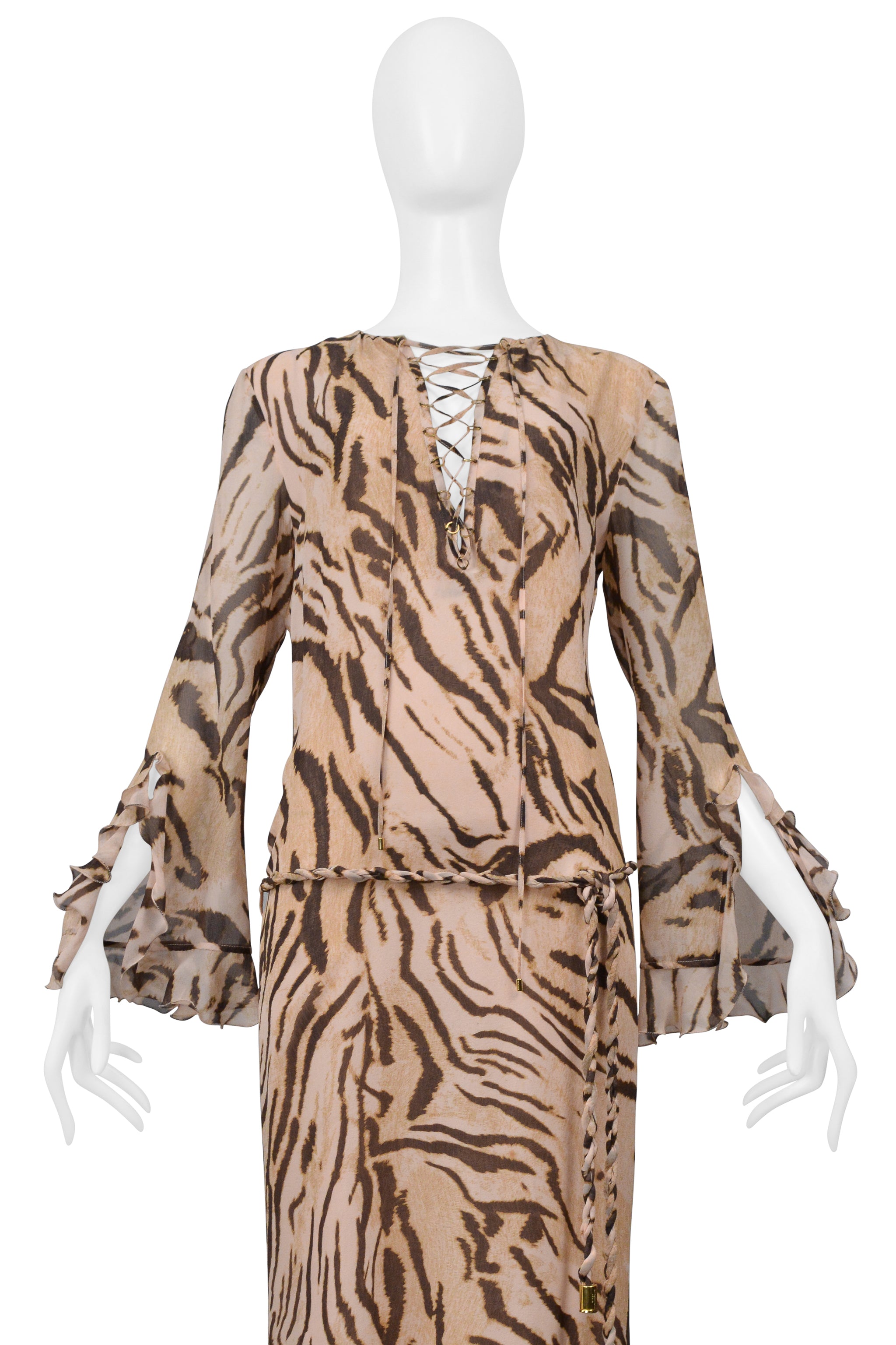 UNGARO BY GIAMBATTISTA VALLI SILK ANIMAL PRINT CAFTAN DRESS WITH RUFFLES