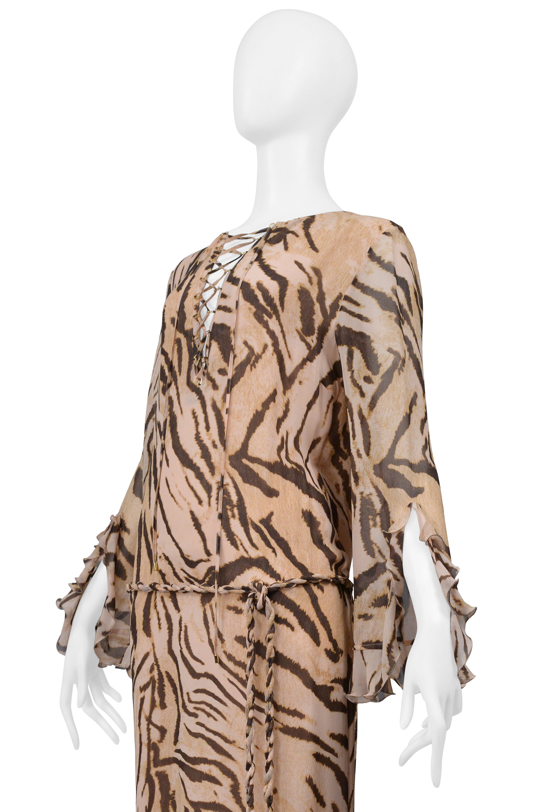 UNGARO BY GIAMBATTISTA VALLI SILK ANIMAL PRINT CAFTAN DRESS WITH RUFFLES
