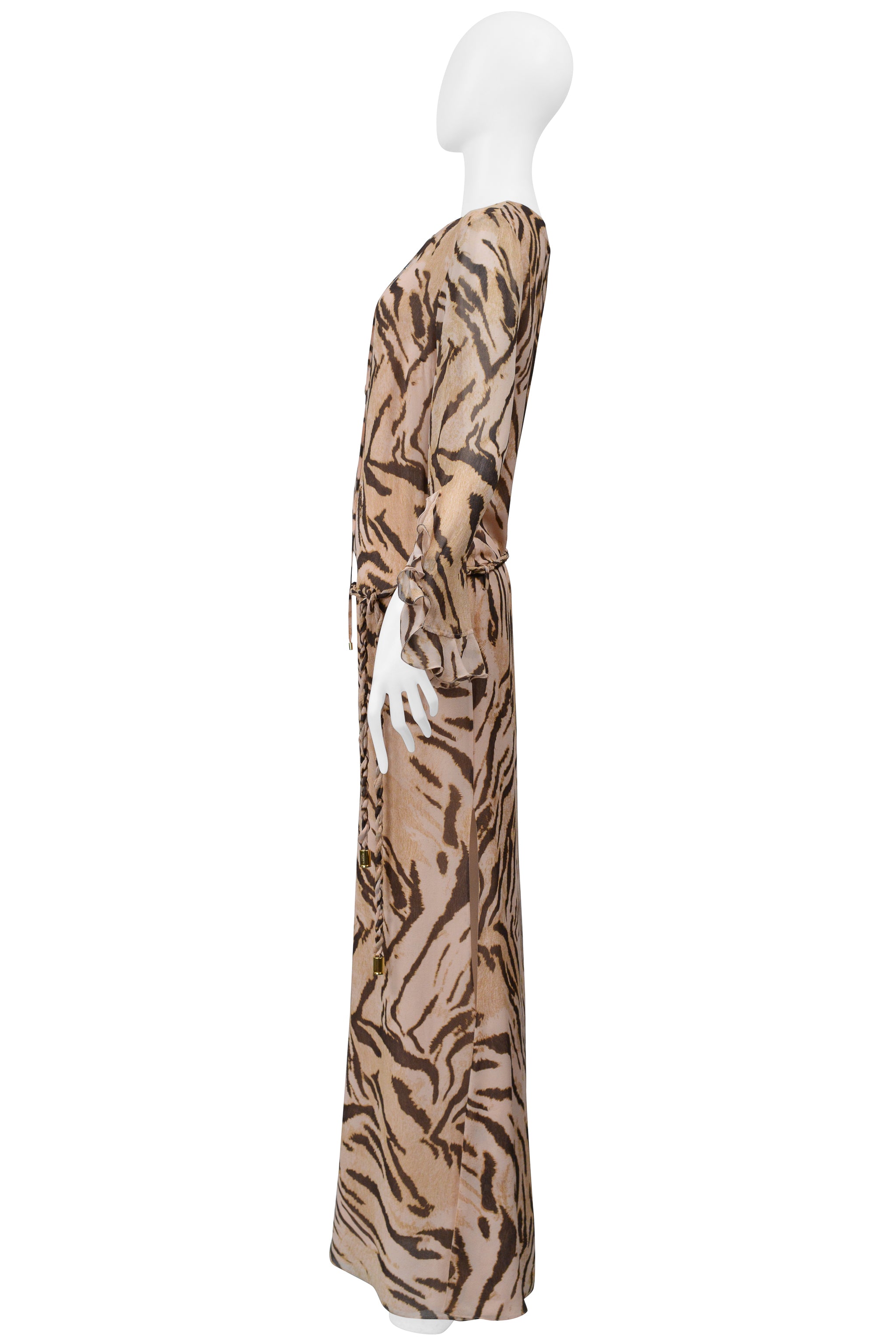 UNGARO BY GIAMBATTISTA VALLI SILK ANIMAL PRINT CAFTAN DRESS WITH RUFFLES
