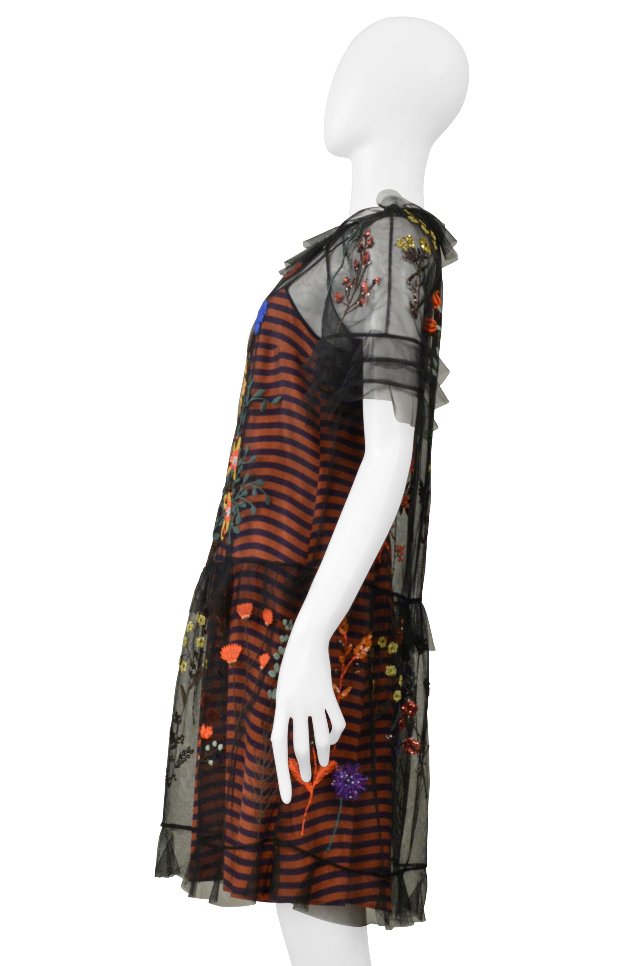 FENDI ORANGE & NAVY STRIPE DRESS WITH BLACK EMBROIDERED MESH OVERLAY 2016