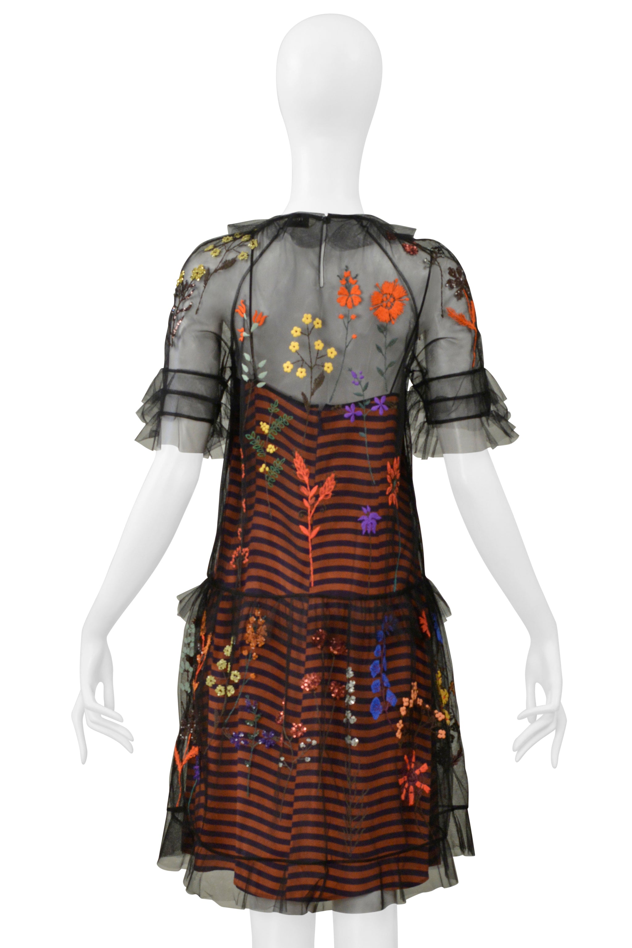 FENDI ORANGE & NAVY STRIPE DRESS WITH BLACK EMBROIDERED MESH OVERLAY 2016