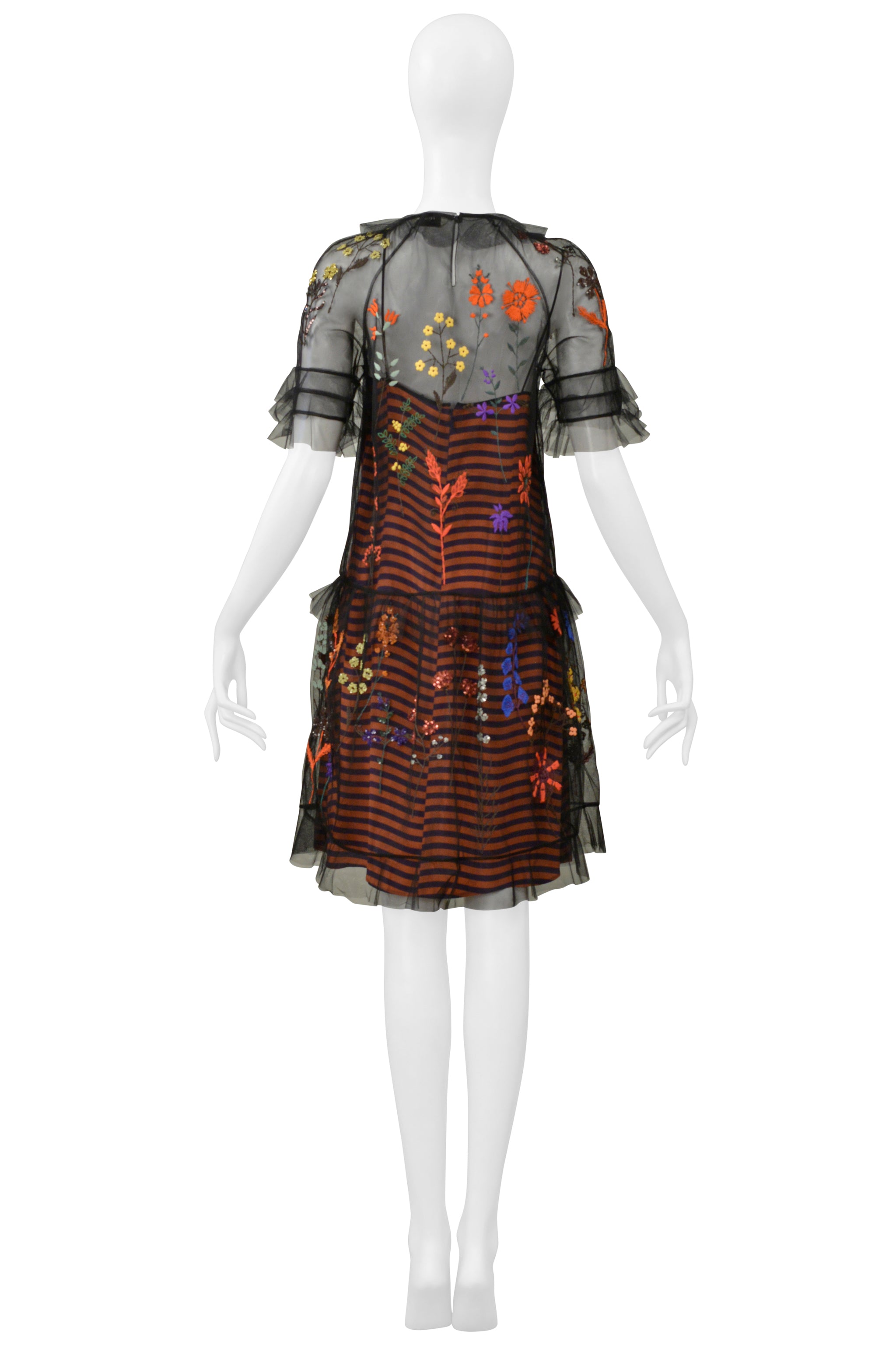 FENDI ORANGE & NAVY STRIPE DRESS WITH BLACK EMBROIDERED MESH OVERLAY 2016