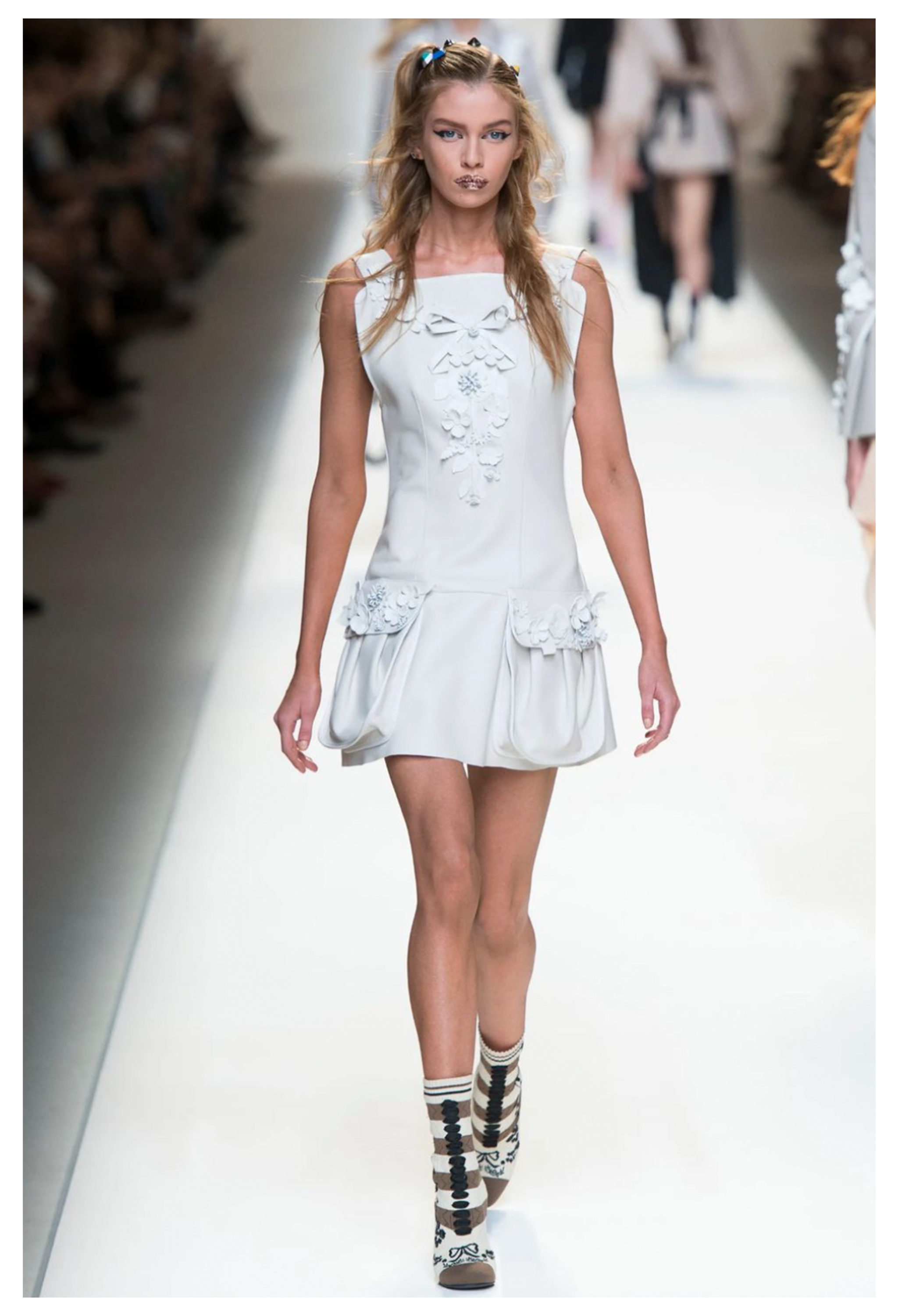 FENDI BY KARL LAGERFELD BLACK LEATHER DRESS WITH FLORAL APPLIQUE 2017