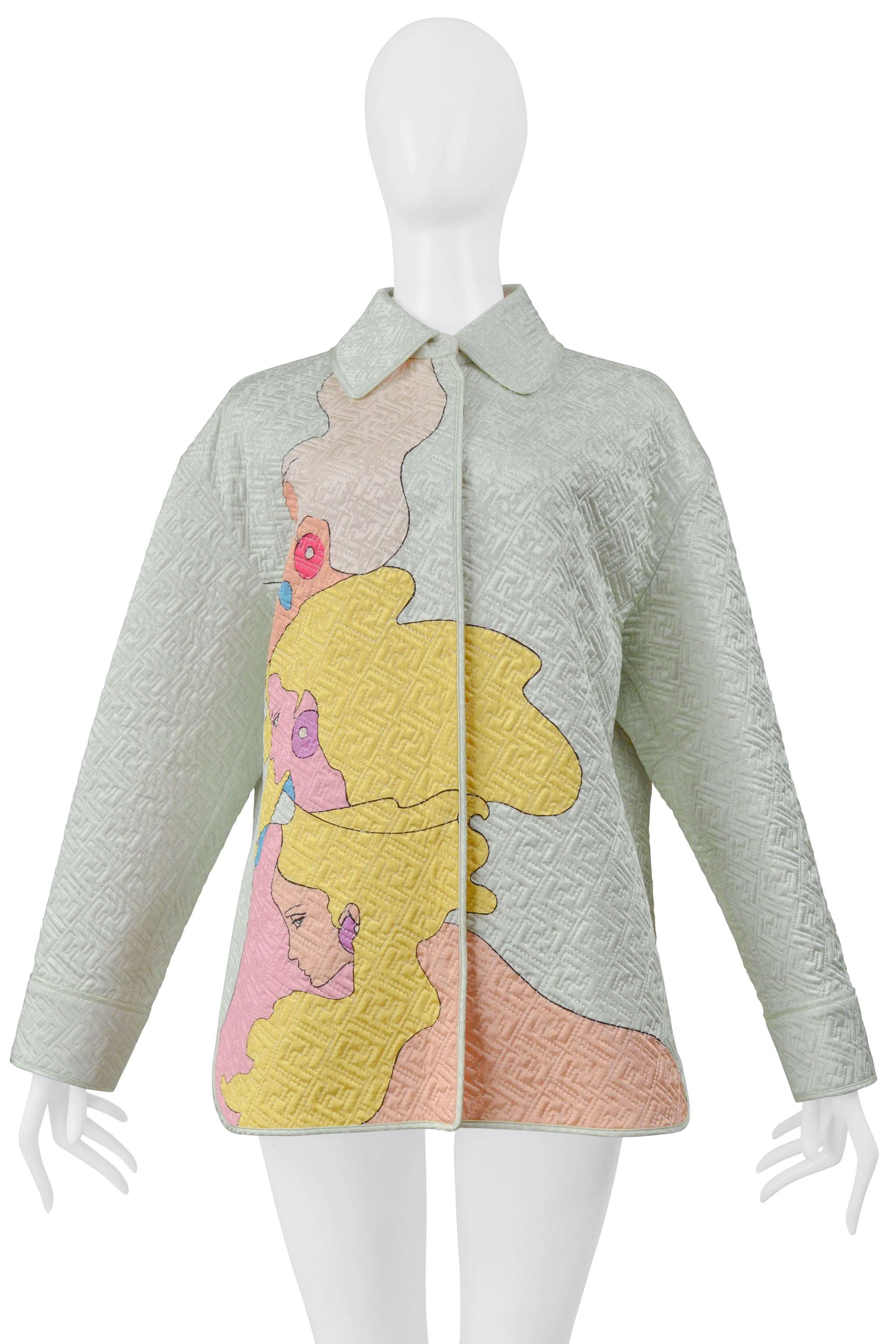 FENDI QUILTED MINT JACKET WITH THREE FACES PRINT 2022