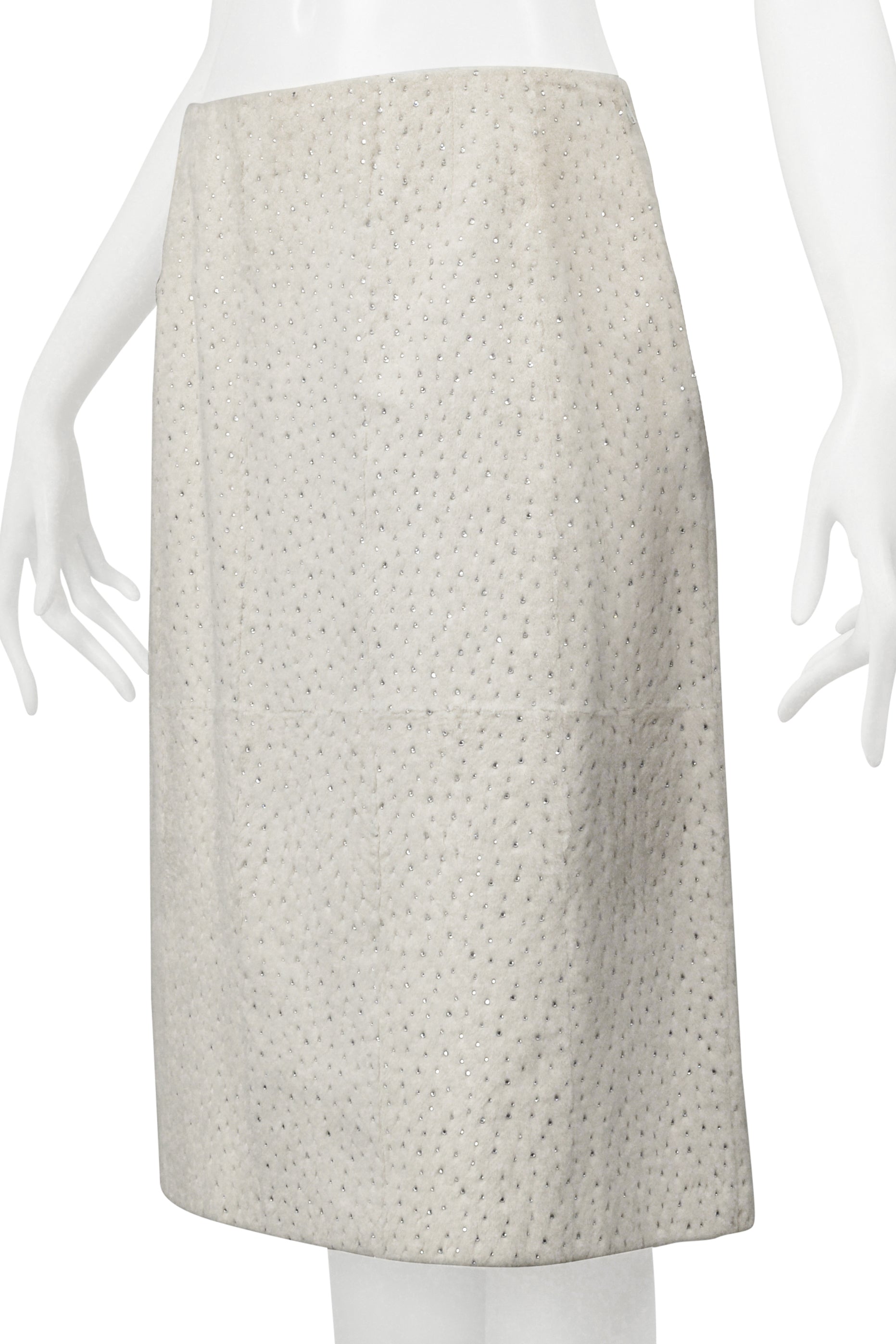 FENDI BY KARL LAGERFELD WHITE FUR SKIRT WITH SWAROVSKI CRYSTALS 1999