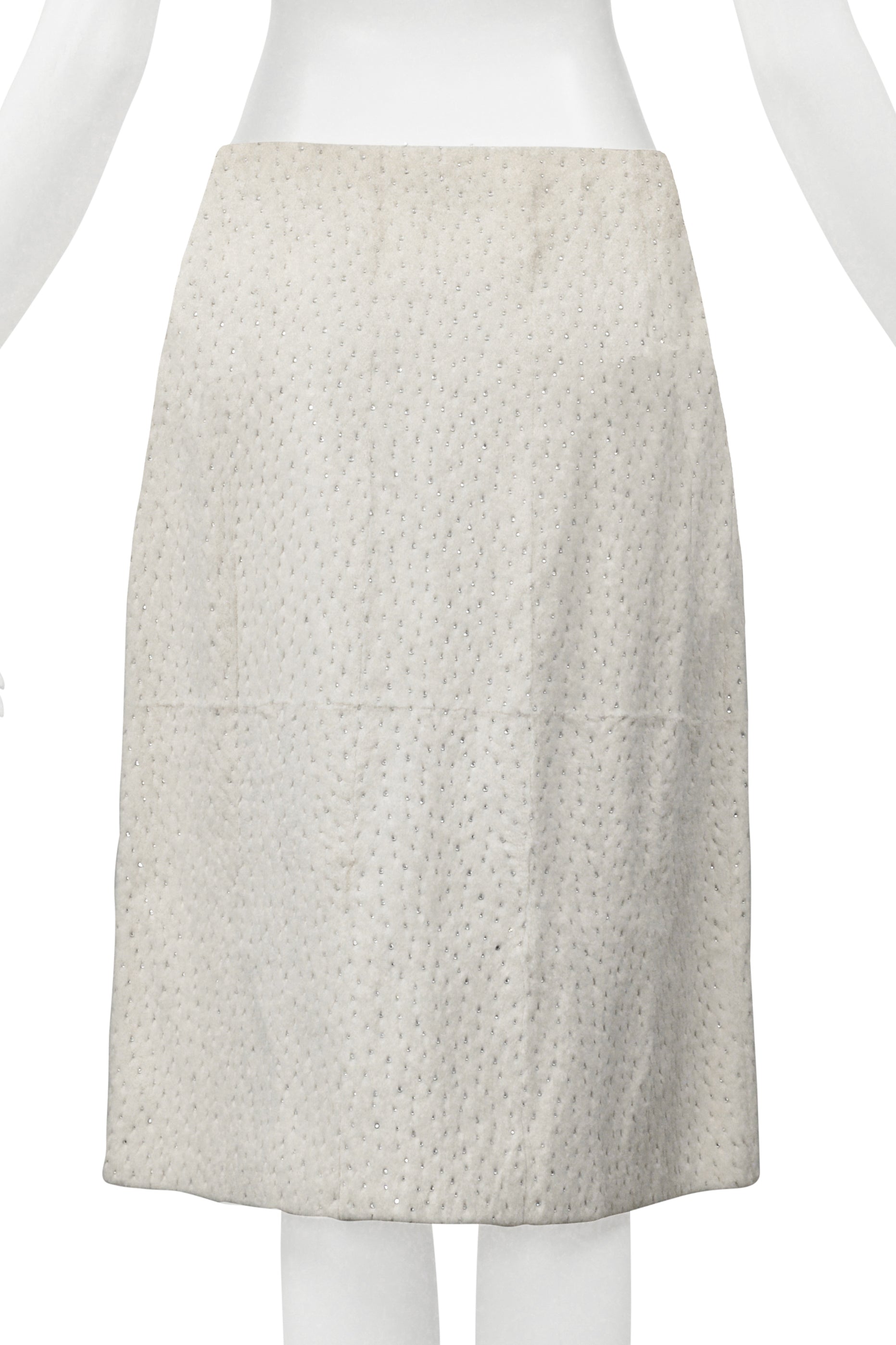 FENDI BY KARL LAGERFELD WHITE FUR SKIRT WITH SWAROVSKI CRYSTALS 1999