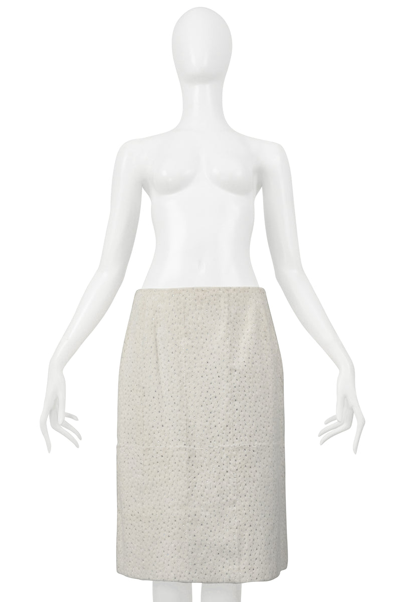 FENDI BY KARL LAGERFELD WHITE FUR SKIRT WITH SWAROVSKI CRYSTALS 1999