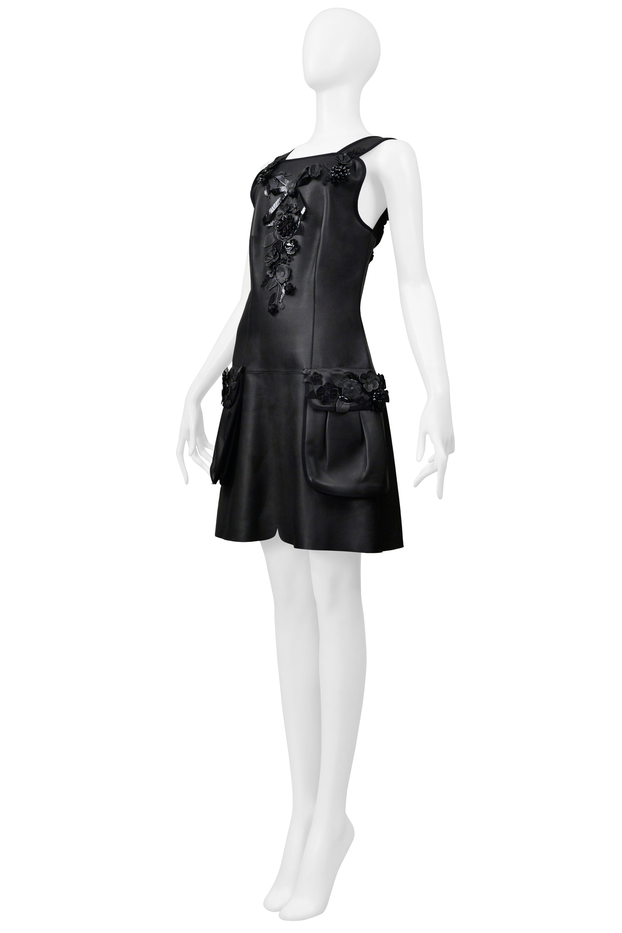 FENDI BY KARL LAGERFELD BLACK LEATHER DRESS WITH FLORAL APPLIQUE 2017