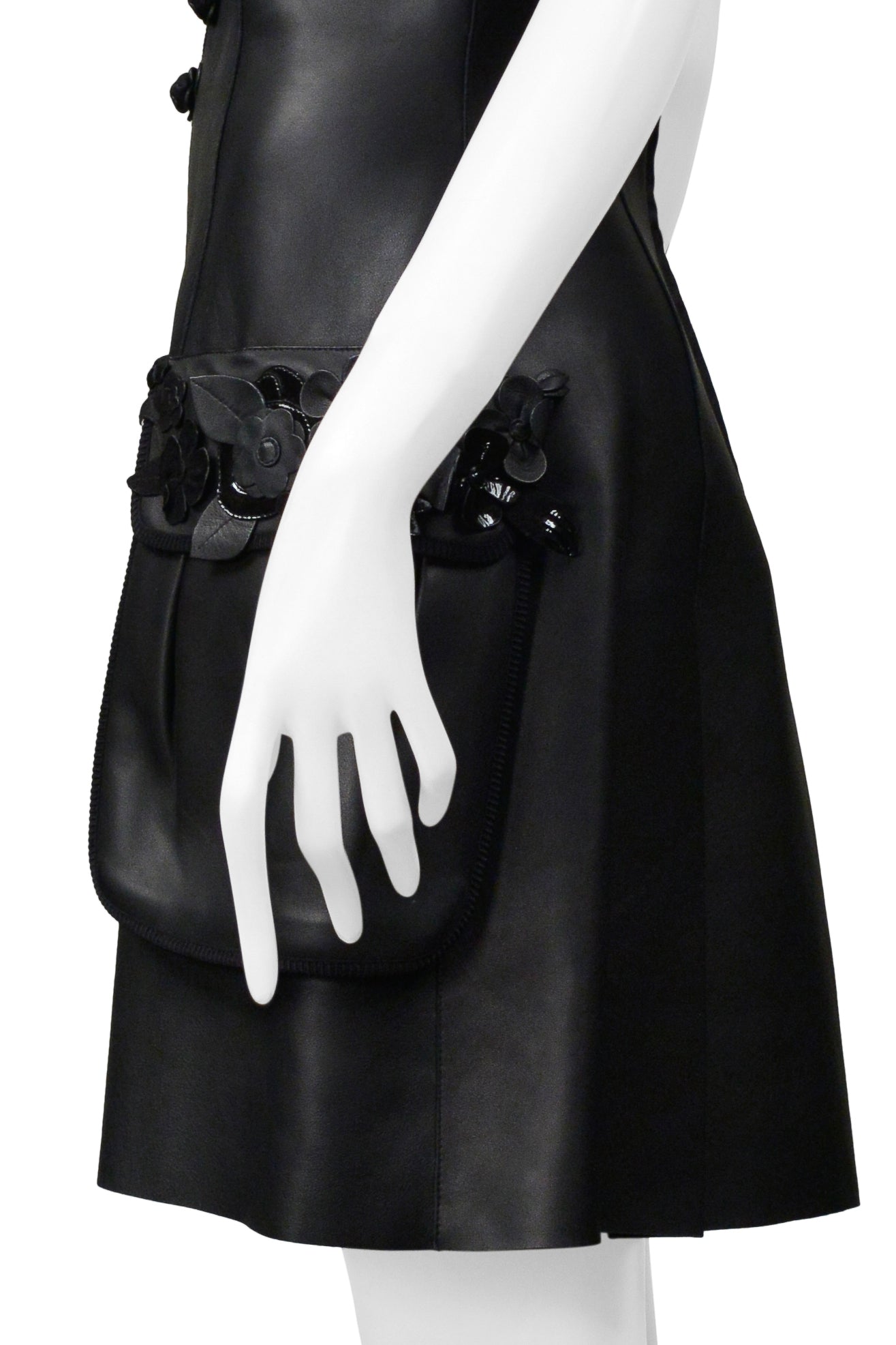 FENDI BY KARL LAGERFELD BLACK LEATHER DRESS WITH FLORAL APPLIQUE 2017