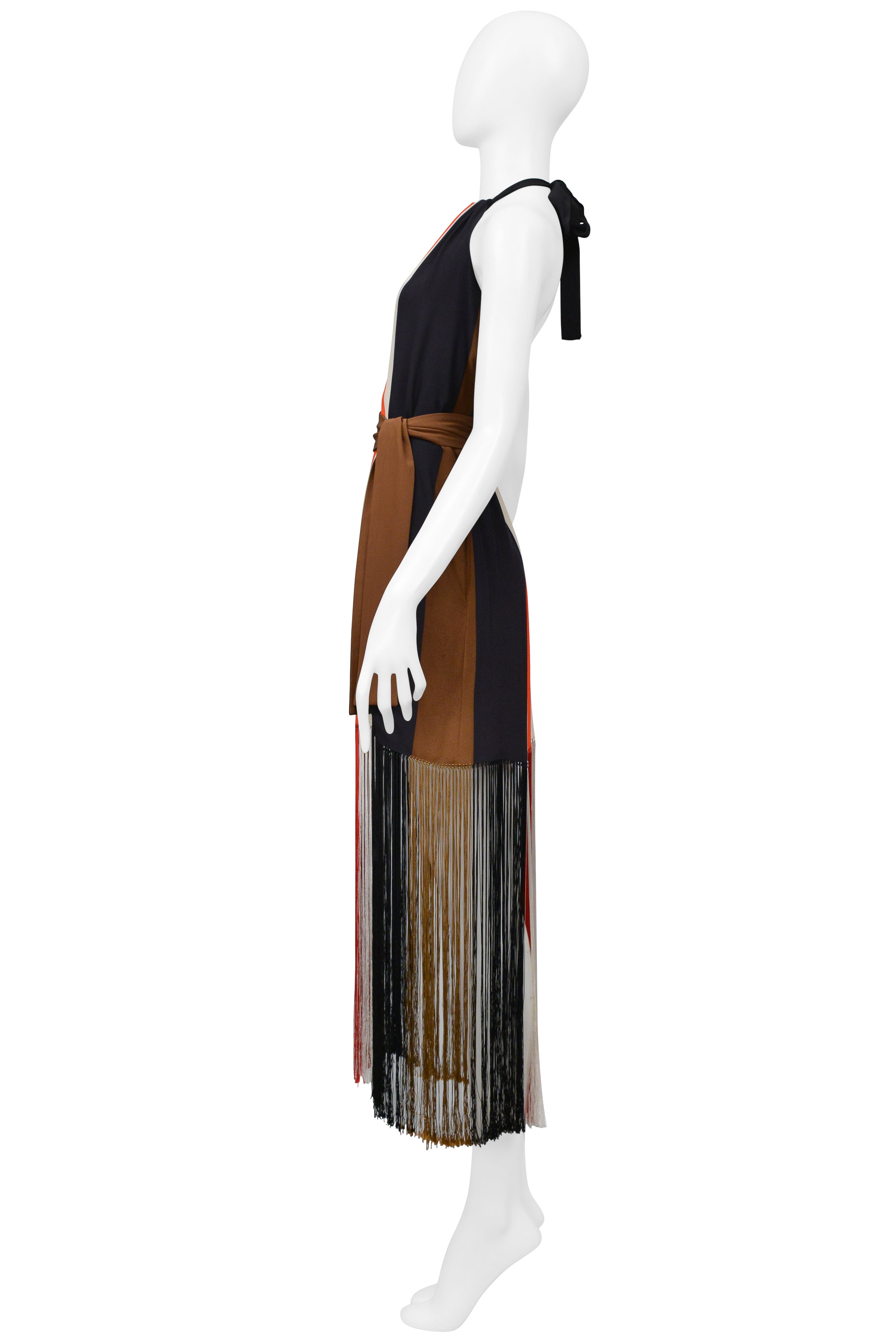FENDI RED WHITE NAVY AND BLACK STRIPE HALTER DRESS WITH FRINGE 2014
