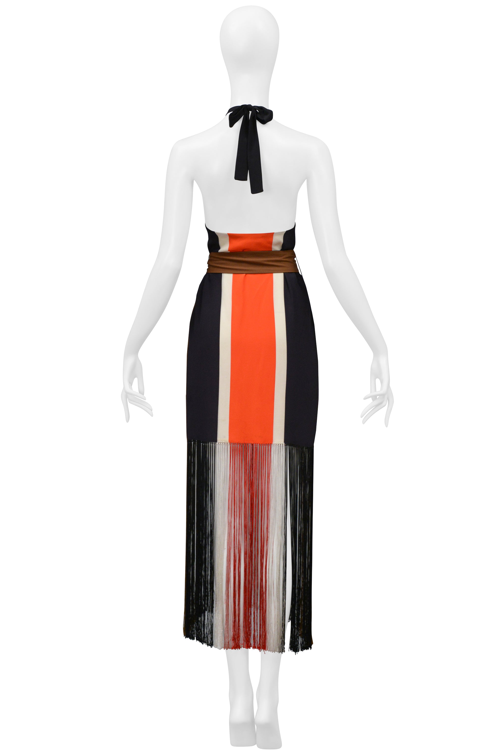 FENDI RED WHITE NAVY AND BLACK STRIPE HALTER DRESS WITH FRINGE 2014