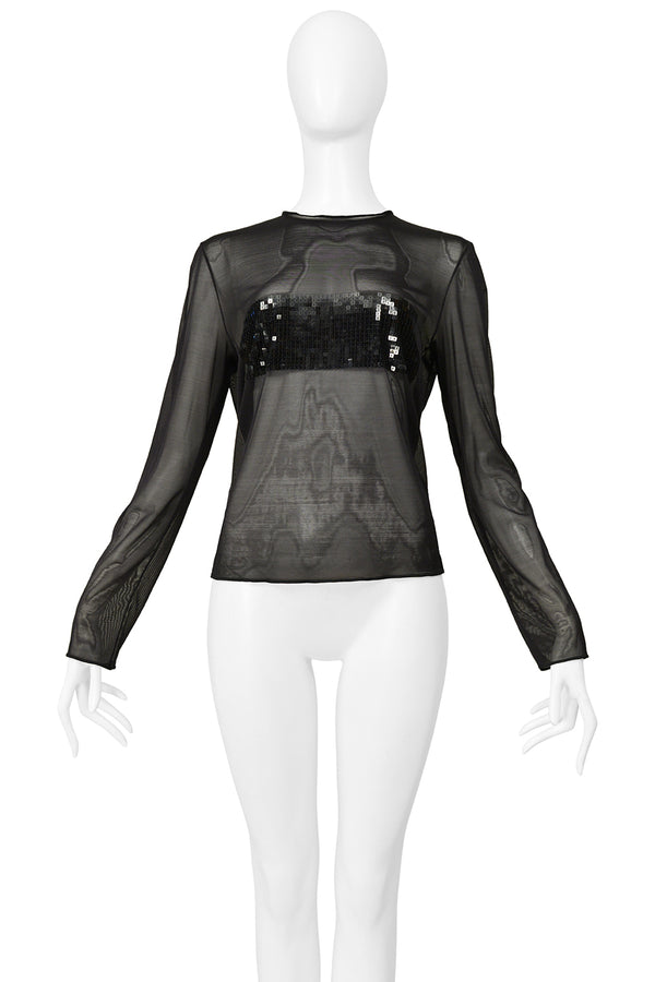 GIANFRANCO FERRE BLACK MESH LONG SLEEVE TOP WITH SEQUIN BAND