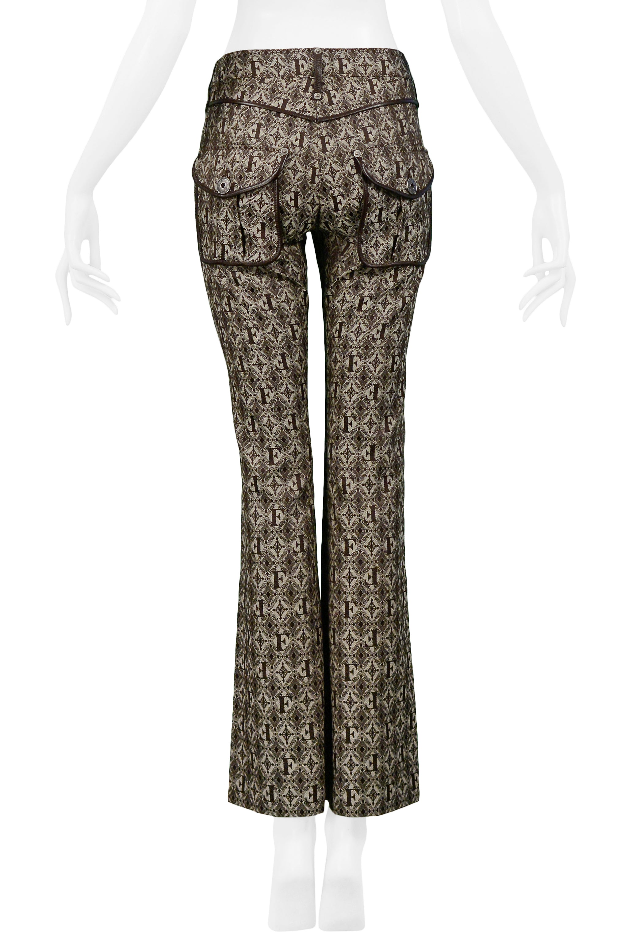 GIANFRANCO FERRE BROWN LOGO PANTS WITH LEATHER TRIM 2006