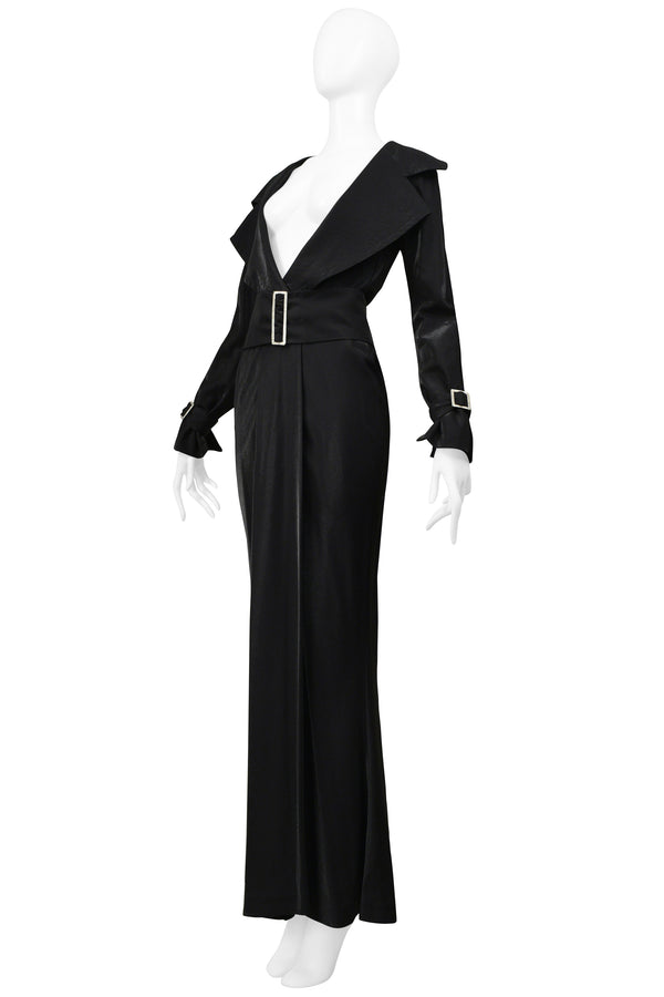 GIANFRANCO FERRE BLACK METALLIC TRENCH GOWN WITH BELT & CRYSTAL HARDWARE