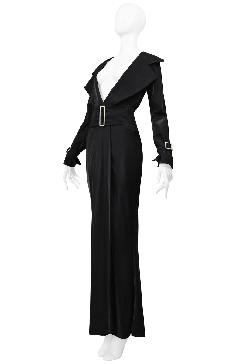 GIANFRANCO FERRE BLACK METALLIC TRENCH GOWN WITH BELT & CRYSTAL HARDWARE