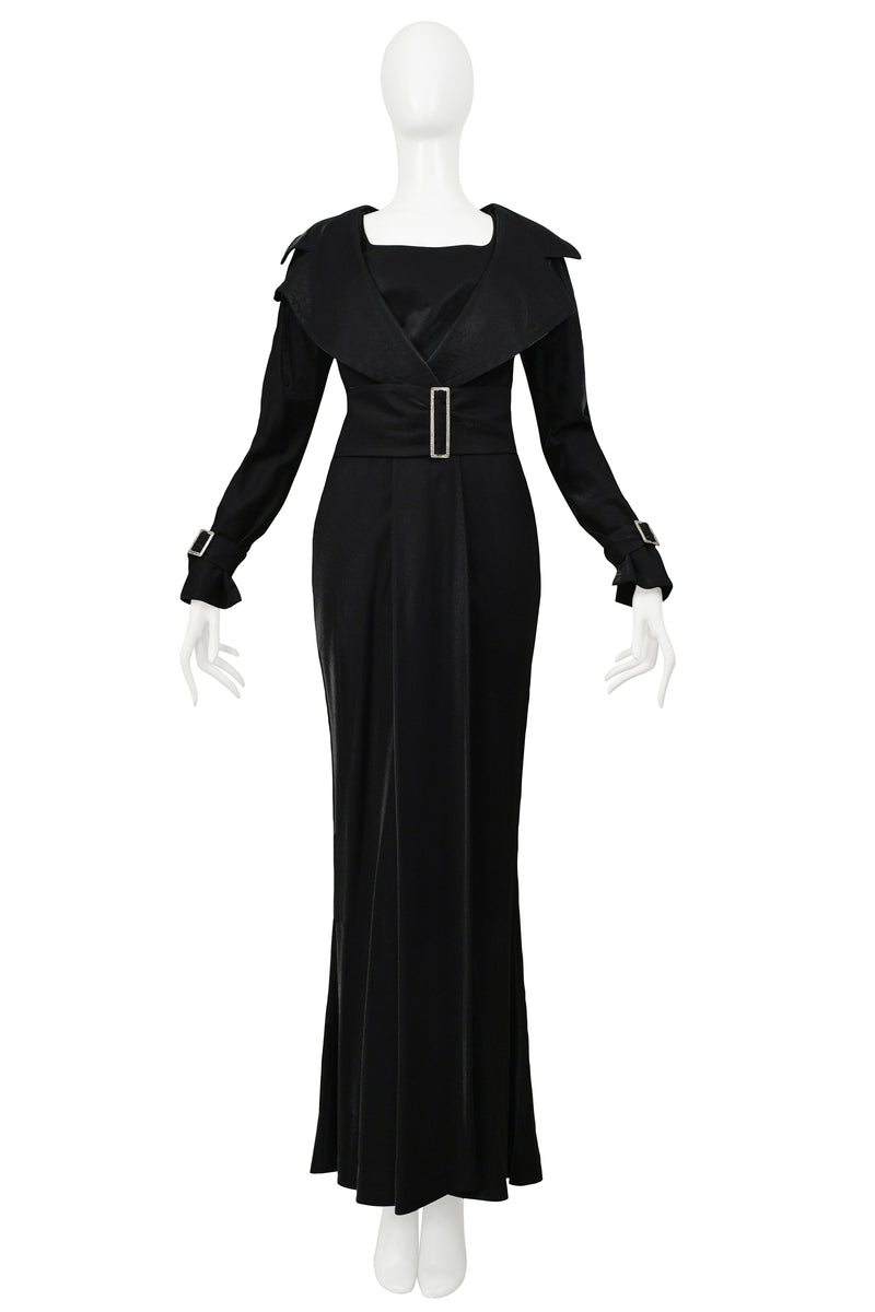 GIANFRANCO FERRE BLACK METALLIC TRENCH GOWN WITH BELT & CRYSTAL HARDWARE