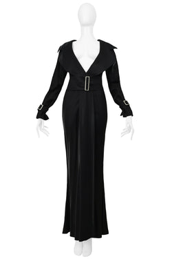 GIANFRANCO FERRE BLACK METALLIC TRENCH GOWN WITH BELT & CRYSTAL HARDWARE