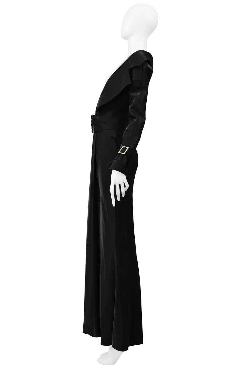 GIANFRANCO FERRE BLACK METALLIC TRENCH GOWN WITH BELT & CRYSTAL HARDWARE