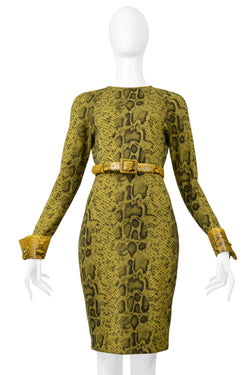 GIANFRANCO FERRE CHARTREUSE SNAKE PRINT DRESS WITH SNAKE CUFFS, BELT & TRIM