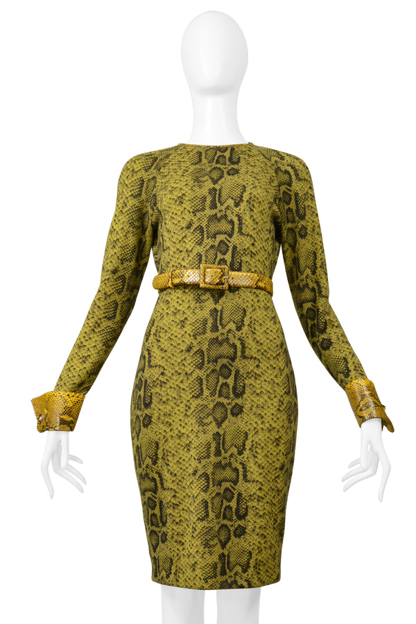 GIANFRANCO FERRE CHARTREUSE SNAKE PRINT DRESS WITH SNAKE CUFFS, BELT & TRIM