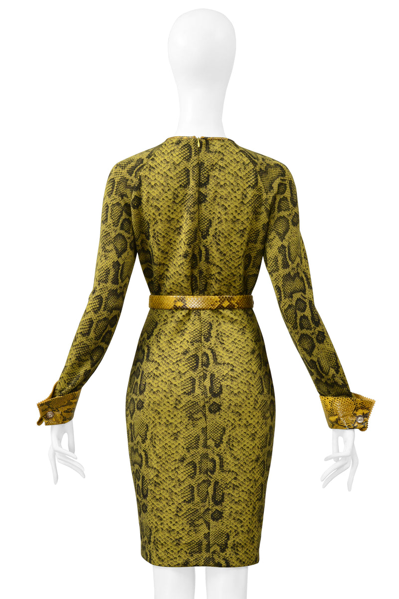 GIANFRANCO FERRE CHARTREUSE SNAKE PRINT DRESS WITH SNAKE CUFFS, BELT & TRIM