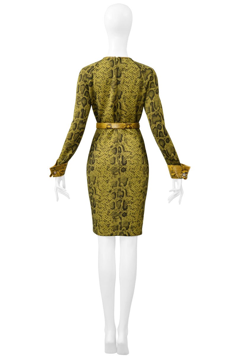 GIANFRANCO FERRE CHARTREUSE SNAKE PRINT DRESS WITH SNAKE CUFFS, BELT & TRIM