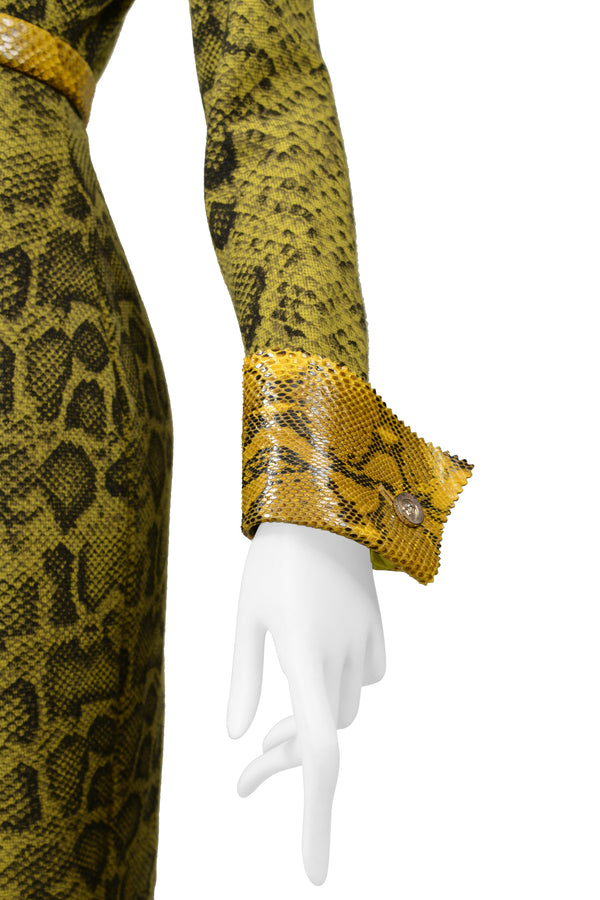 GIANFRANCO FERRE CHARTREUSE SNAKE PRINT DRESS WITH SNAKE CUFFS, BELT & TRIM