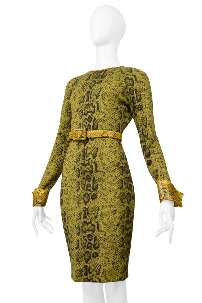 GIANFRANCO FERRE CHARTREUSE SNAKE PRINT DRESS WITH SNAKE CUFFS, BELT & TRIM