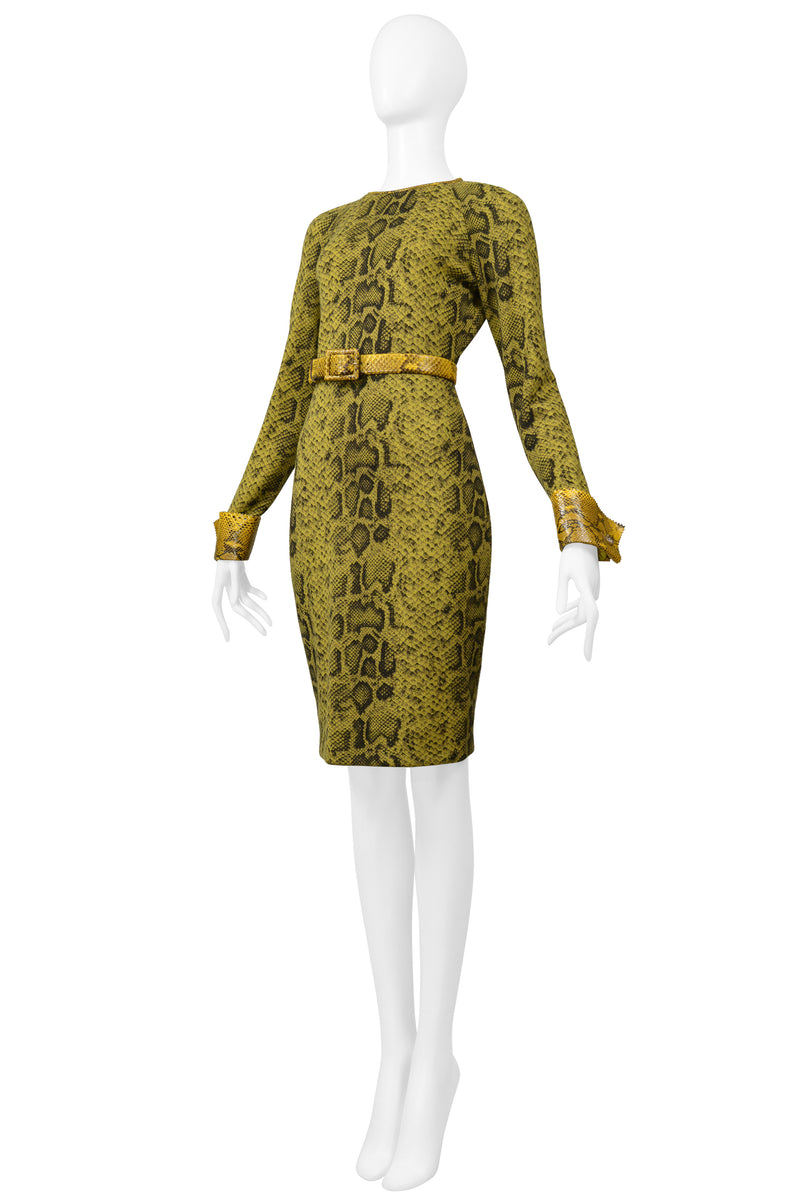 GIANFRANCO FERRE CHARTREUSE SNAKE PRINT DRESS WITH SNAKE CUFFS, BELT & TRIM