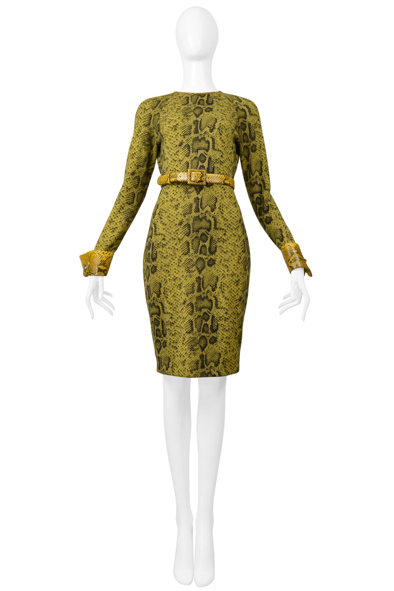 GIANFRANCO FERRE CHARTREUSE SNAKE PRINT DRESS WITH SNAKE CUFFS, BELT & TRIM