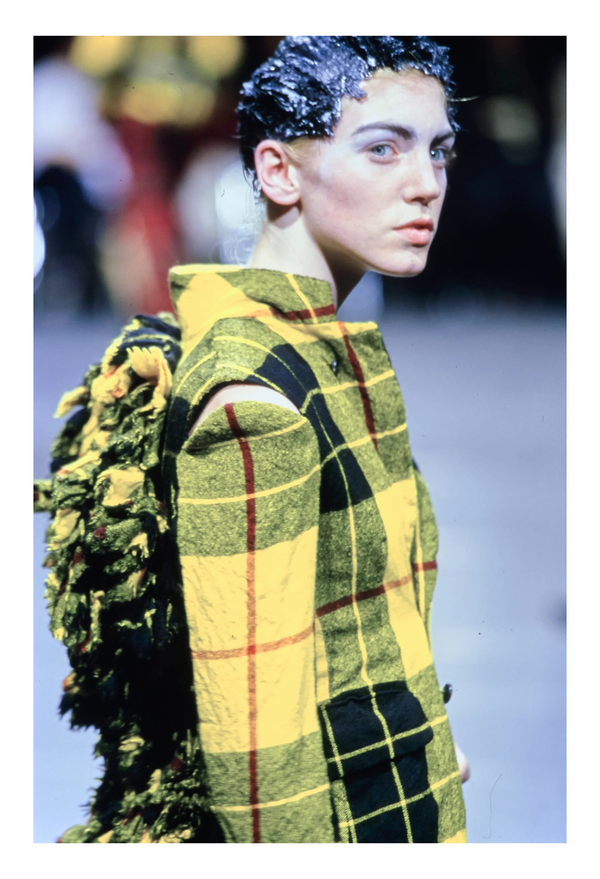 COMME DES GARCONS YELLOW RUFFLE TARTAN JACKET AND SKIRT SUIT ENSEMBLE 2000