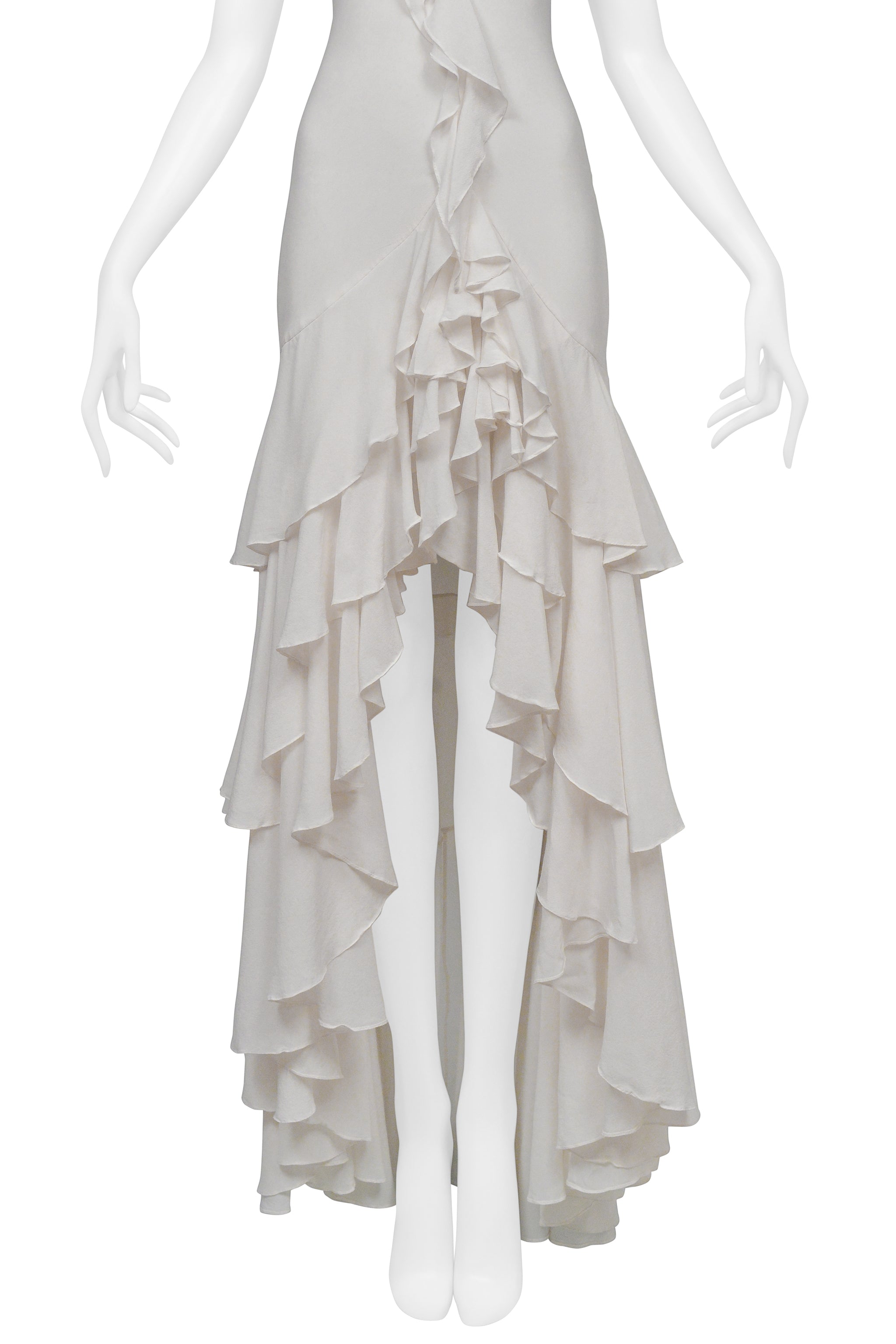 GAI MATTIOLO WHITE SILK GOWN WITH RUFFLES