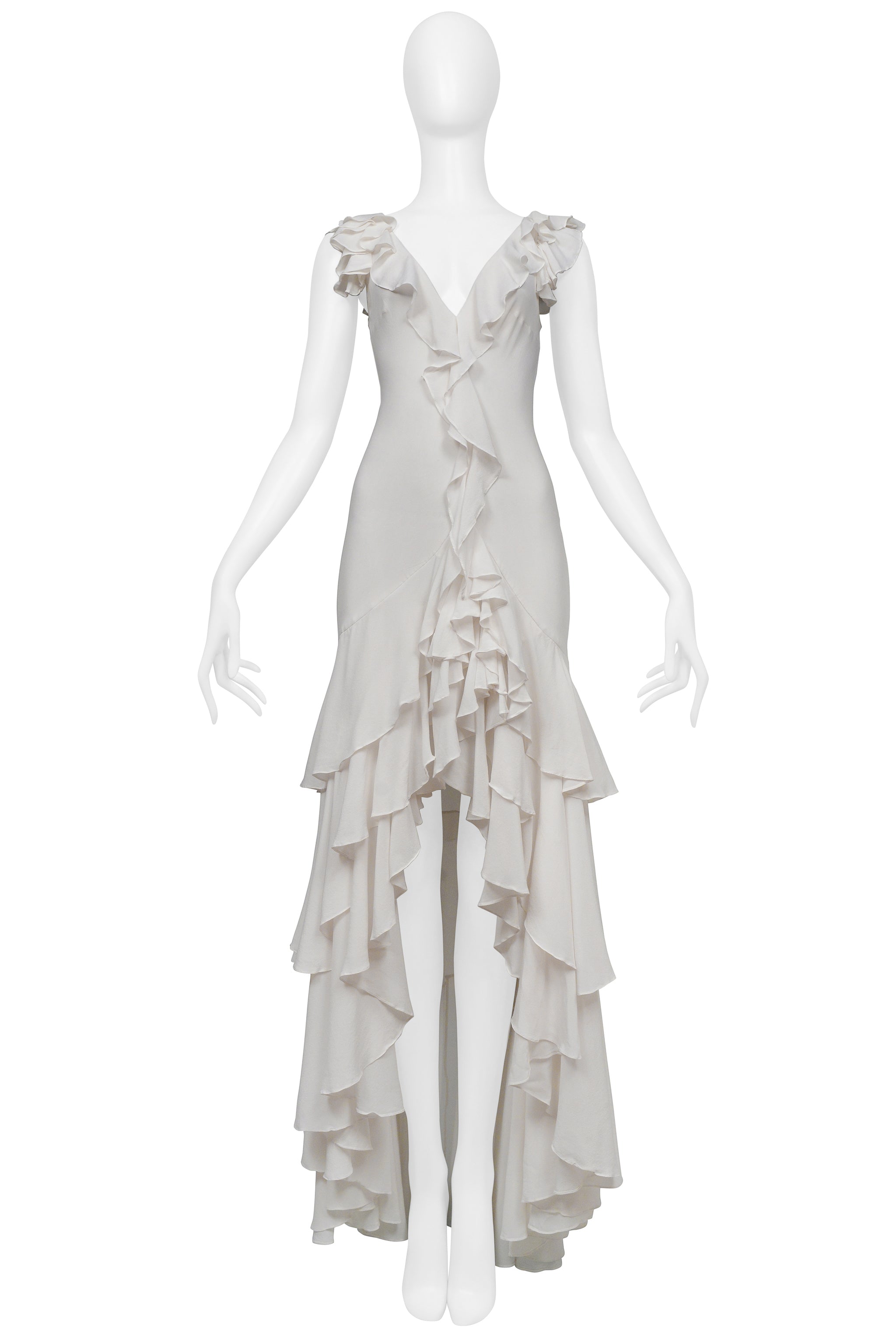 GAI MATTIOLO WHITE SILK GOWN WITH RUFFLES