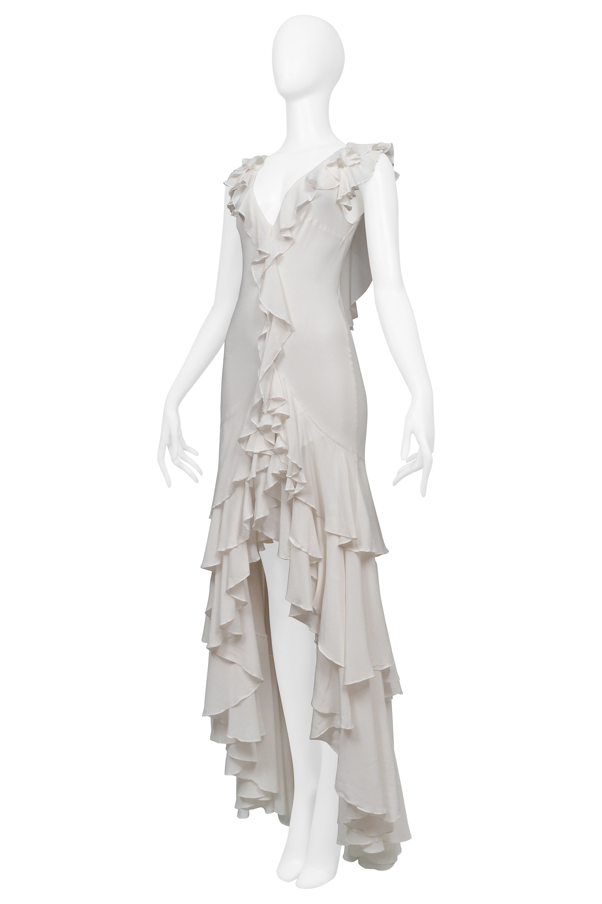 GAI MATTIOLO WHITE SILK GOWN WITH RUFFLES